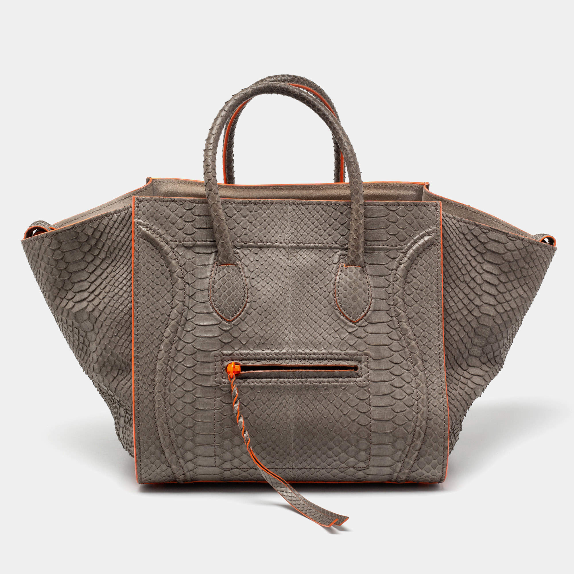 Pre Owned Celine Grey/Neon Orange Python Leather Medium Phantom Luggage Tote