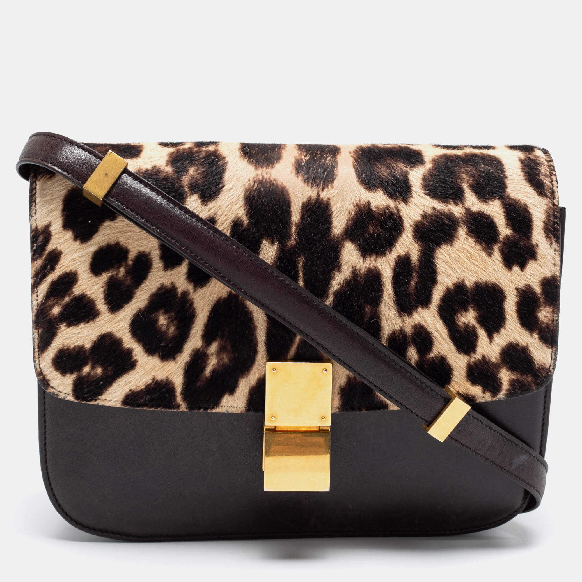 Pre Owned Celine Brown Leopard Print Leather and Calfhair Medium Classic Box Shoulder Bag