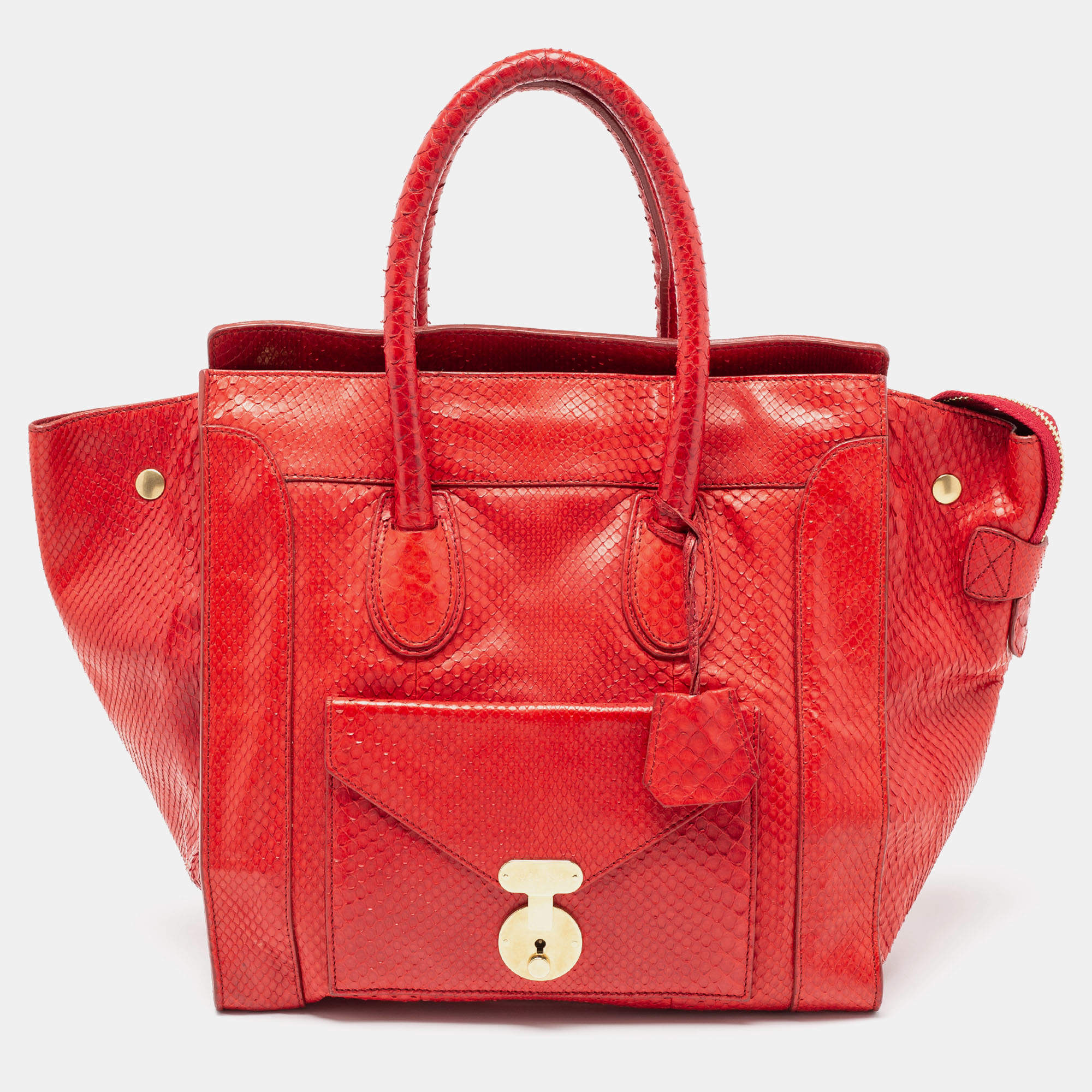 Pre Owned Celine Red Python Envelope Mini Luggage Tote