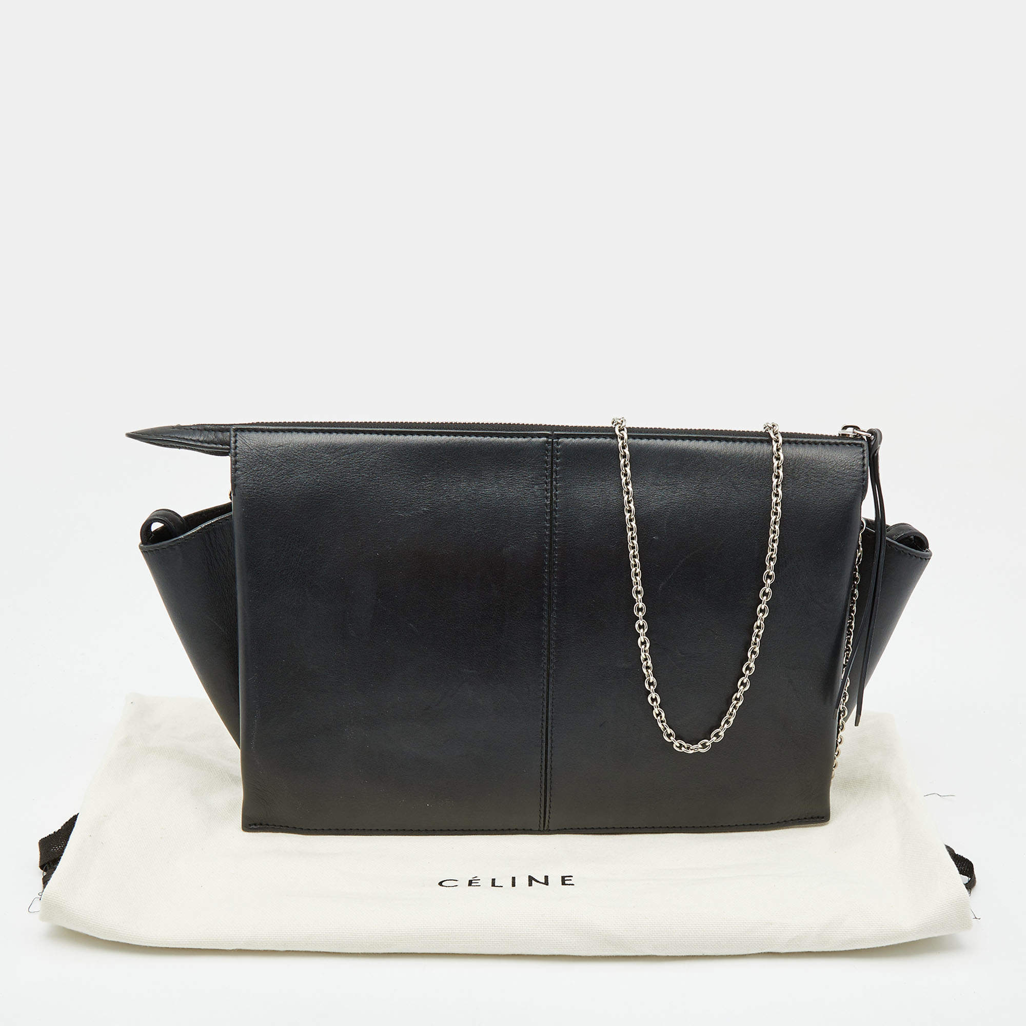 Celine Black Leather Trifold Chain Clutch Celine