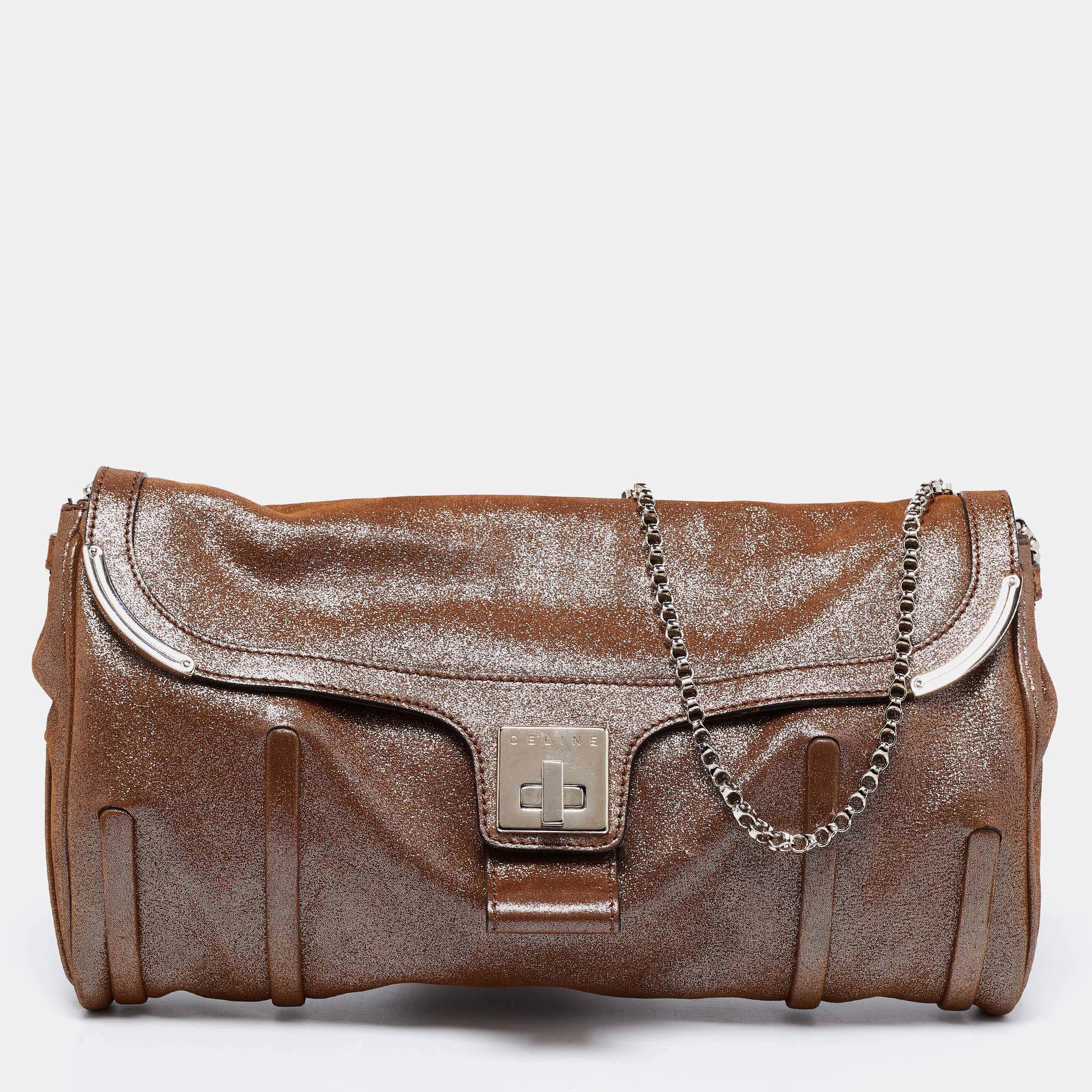 Pre Owned Celine Brown Glitter Chain Flap Shoulder Bag