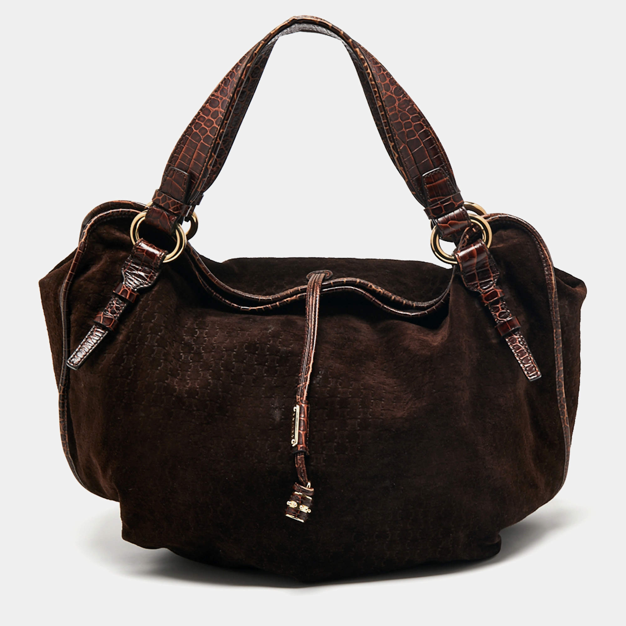 Celine Brown Macadam Suede And Croc Embossed Leather Bittersweet Hobo 