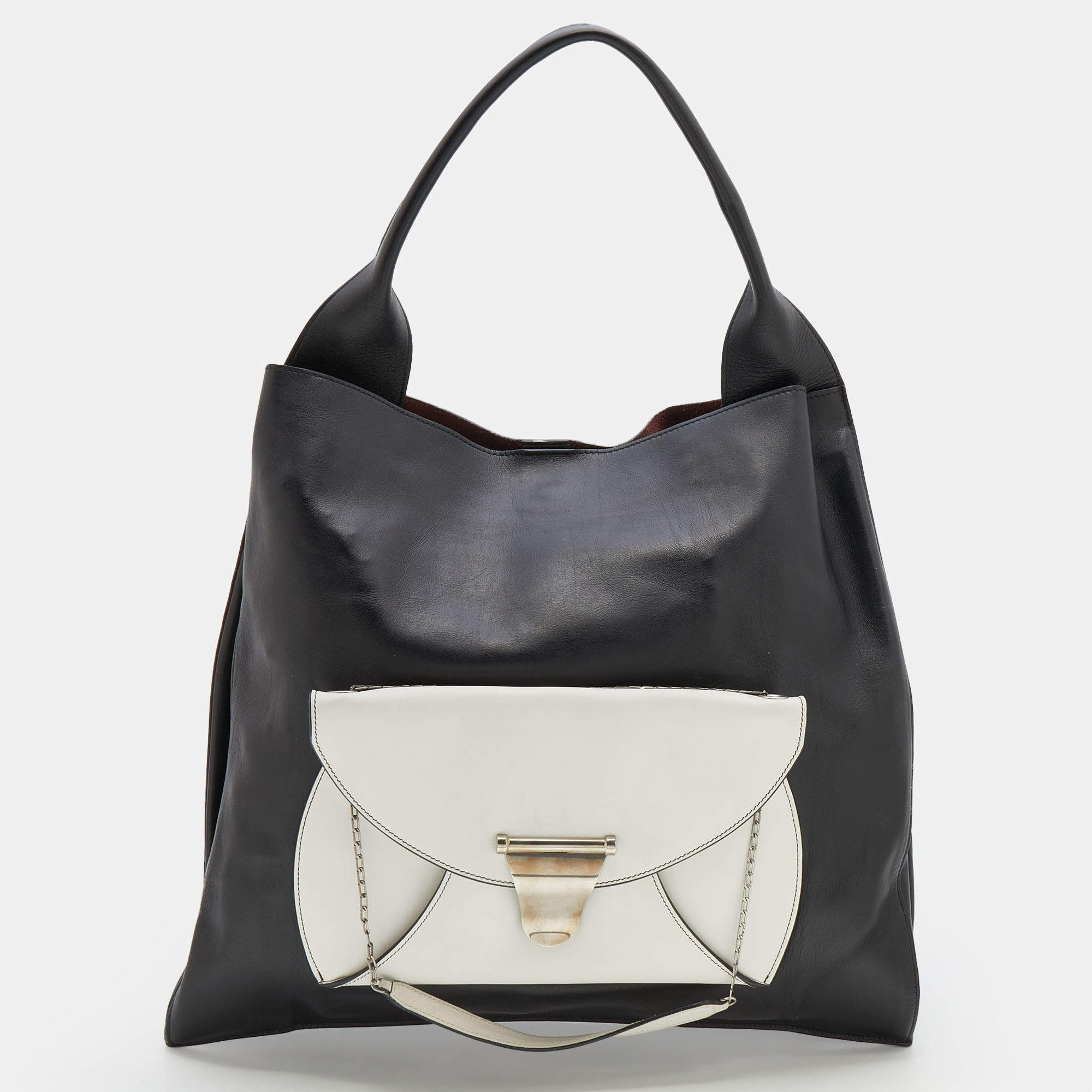 Pre Owned Celine Black/White Leather Front Pocket Medium Shopper Shoulder Bag