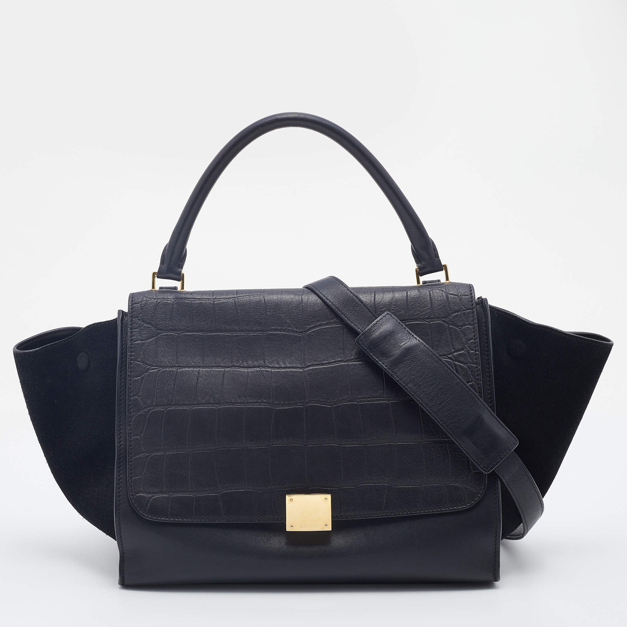 Pre Owned Celine Black Croc Embossed Leather and Suede Medium Trapeze Bag