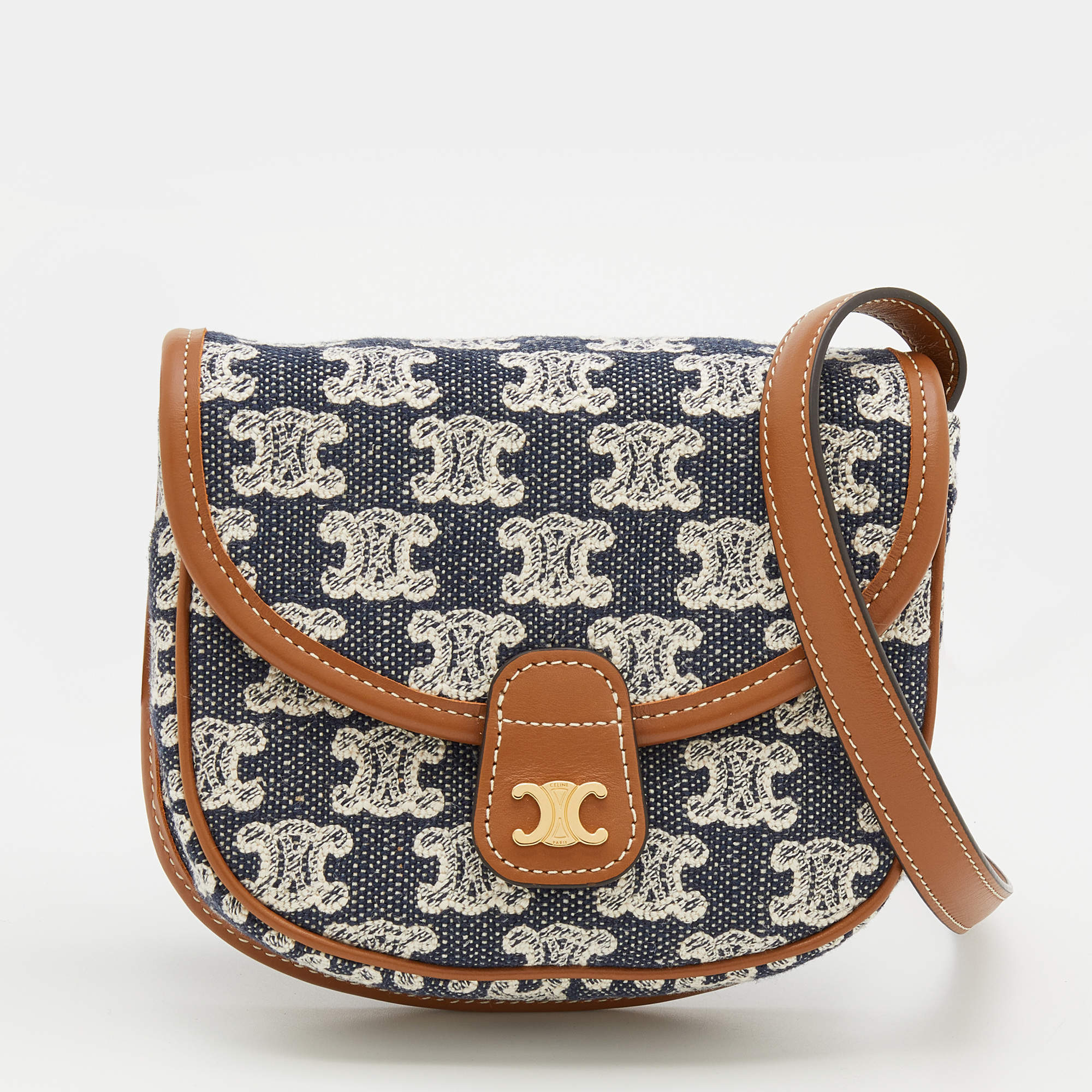 Celine Navy Blue/Brown Triomphe Canvas And Leather Mini Besace ...