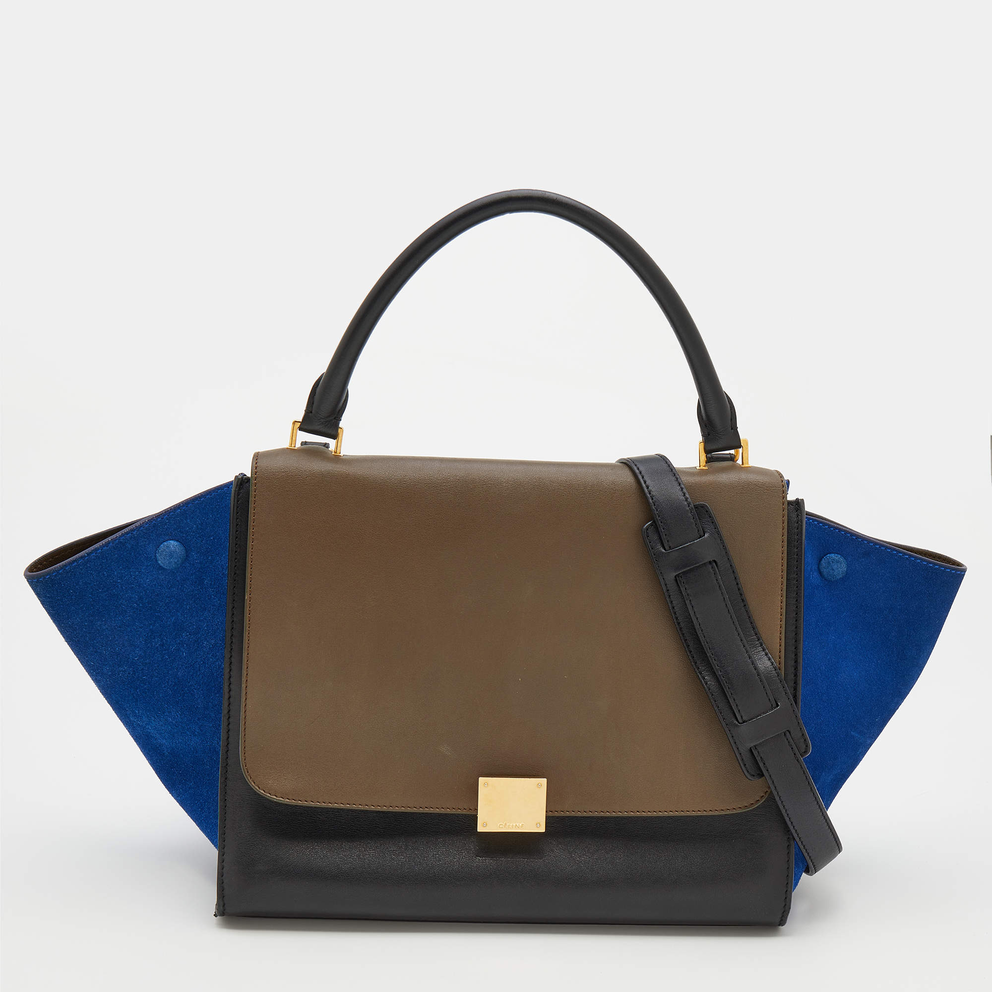 Pre Owned Celine Tricolor Leather And Suede Medium Trapeze Top Handle Bag