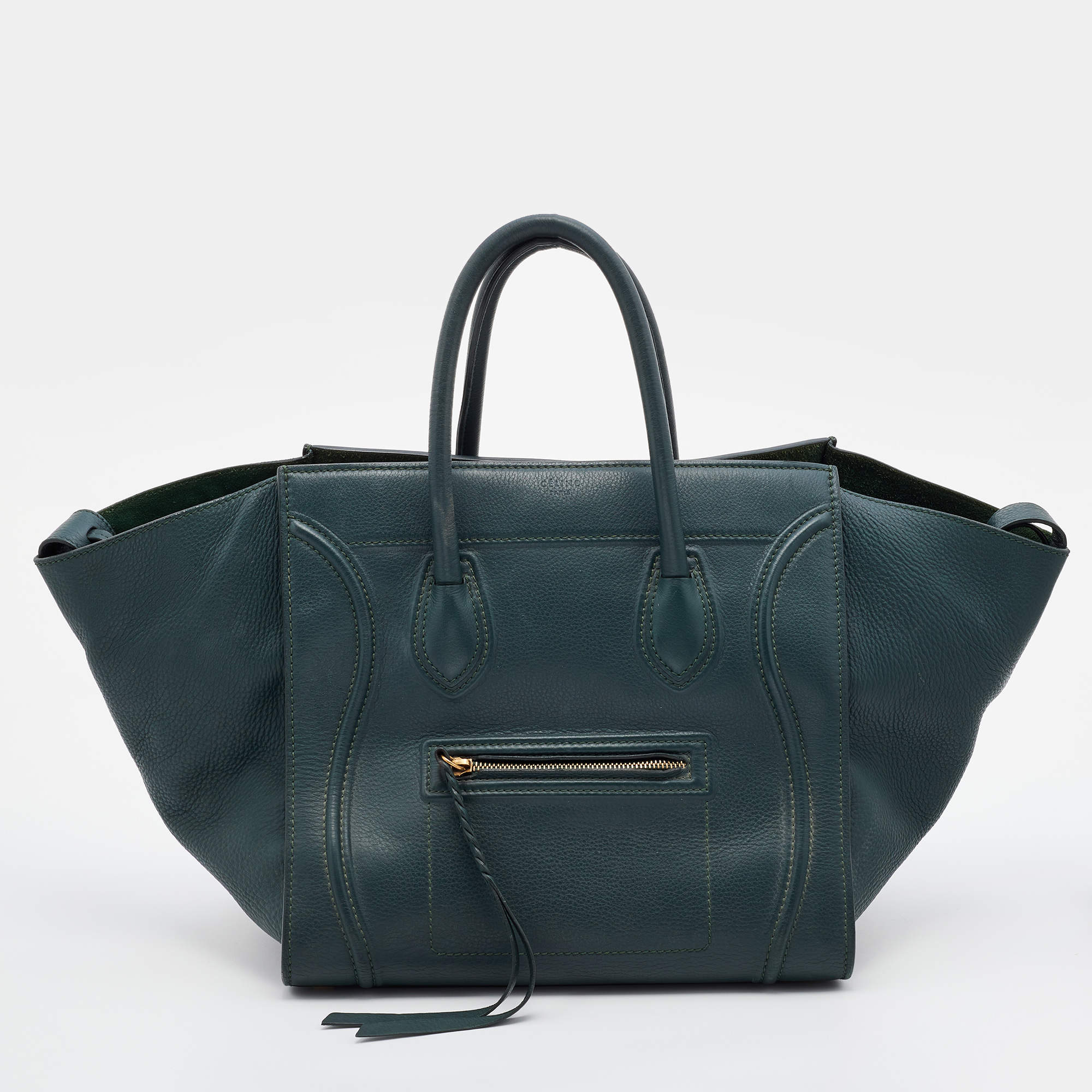 Pre Owned Celine Green Leather Medium Luggage Phantom Tote
