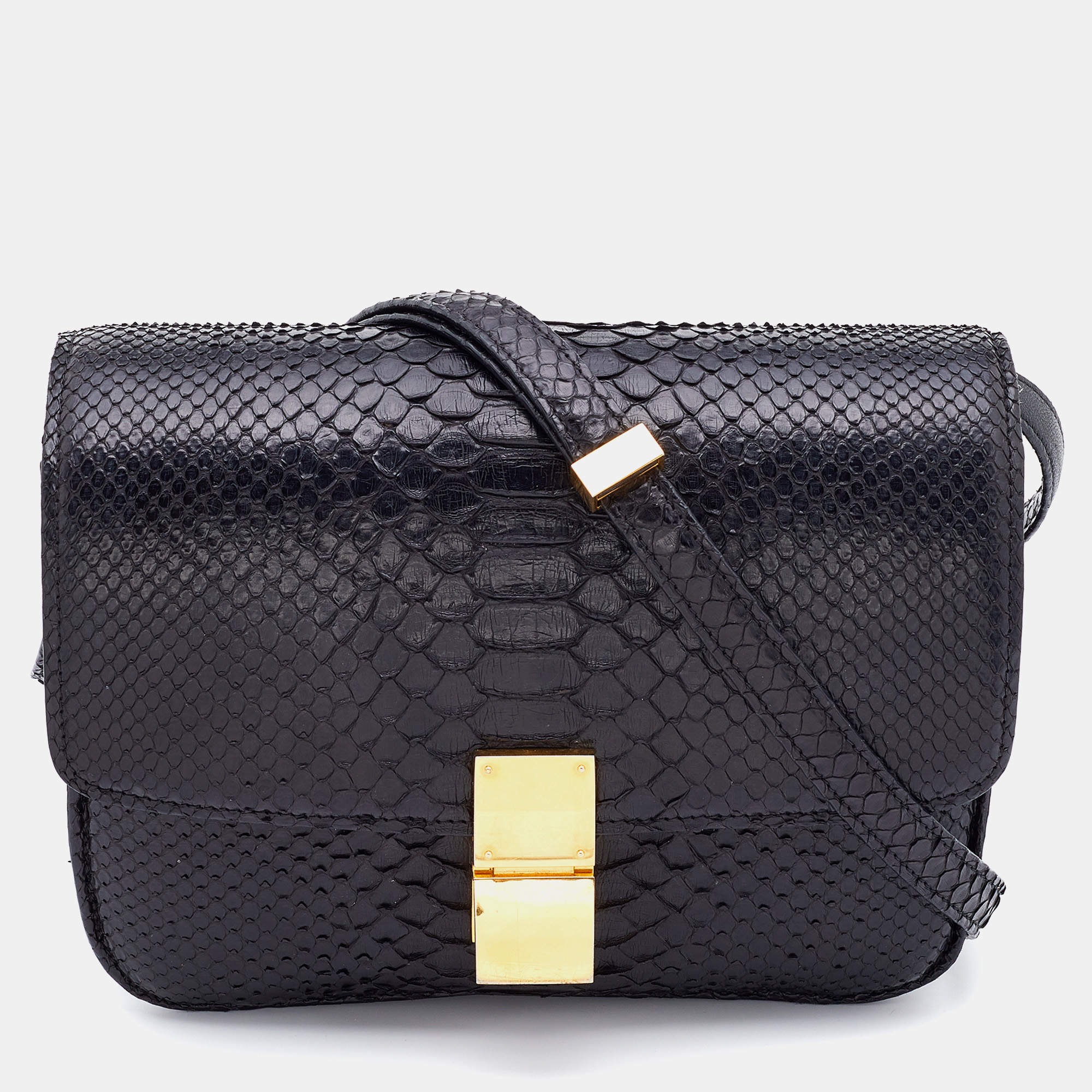 Pre Owned Celine Black Python and Leather Medium Classic Box Shoulder Bag