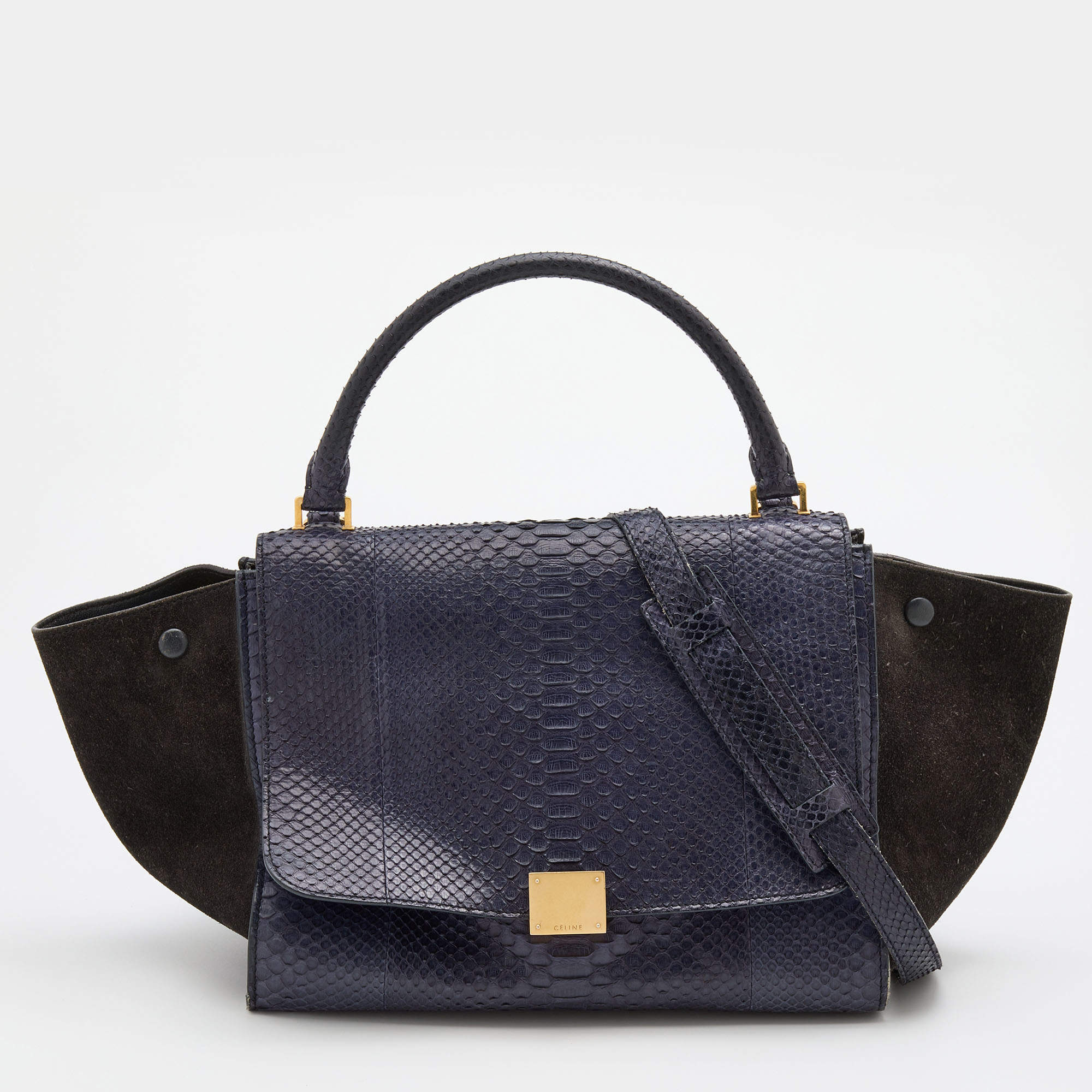 Pre Owned Celine Blue/Black Python and Suede Medium Trapeze Bag