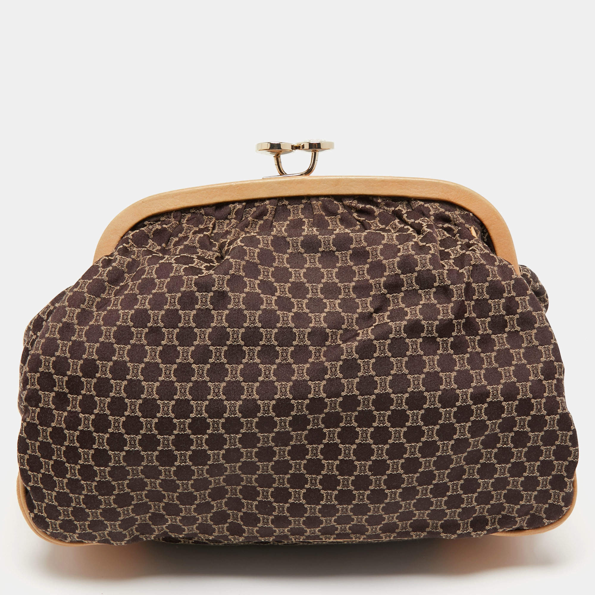 Pre Owned Celine Dark Brown/Beige Macadam Canvas and Leather Frame Clutch