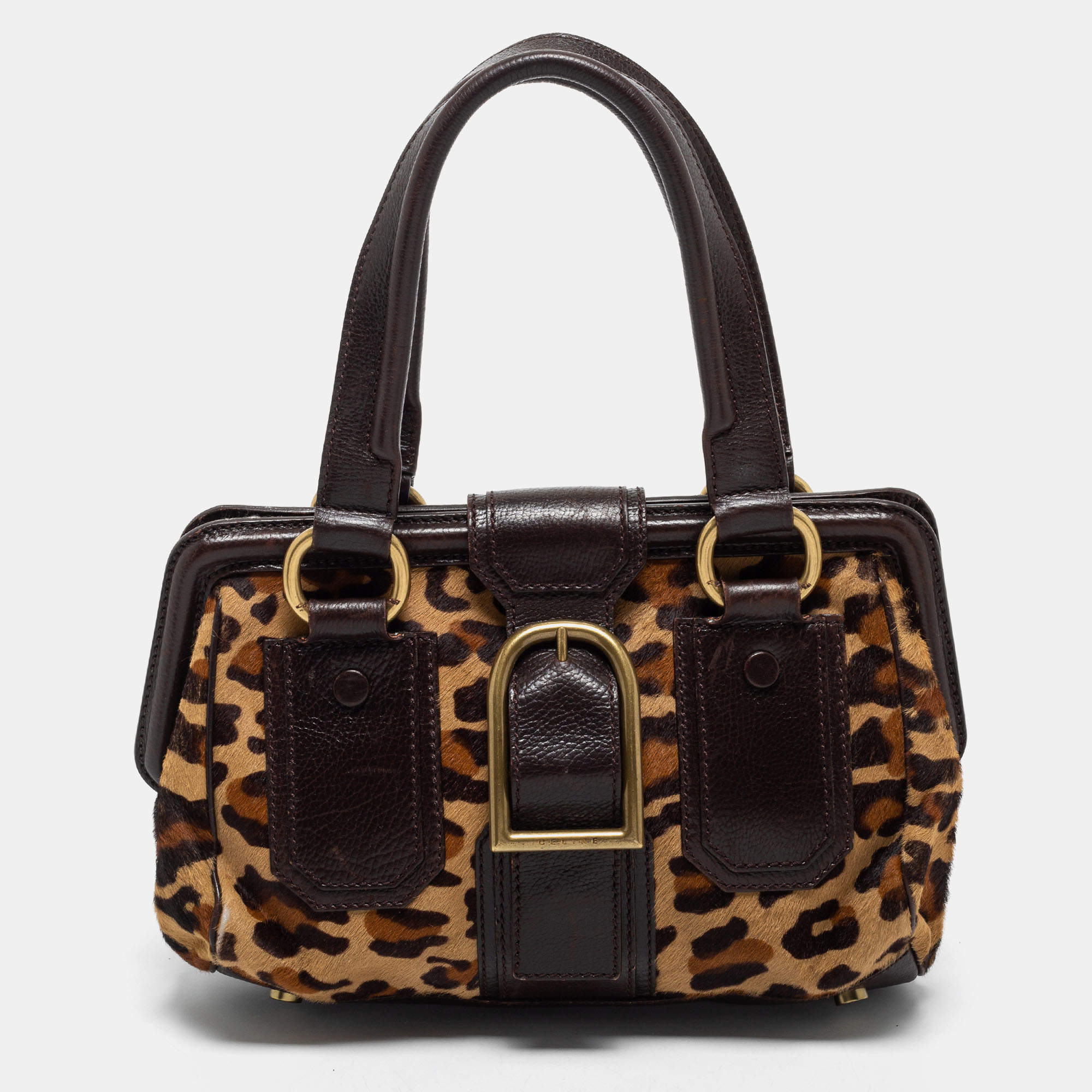Pre Owned Celine Dark Brown Leopard Print Calfhair and Leather Buckle Flap Satchel