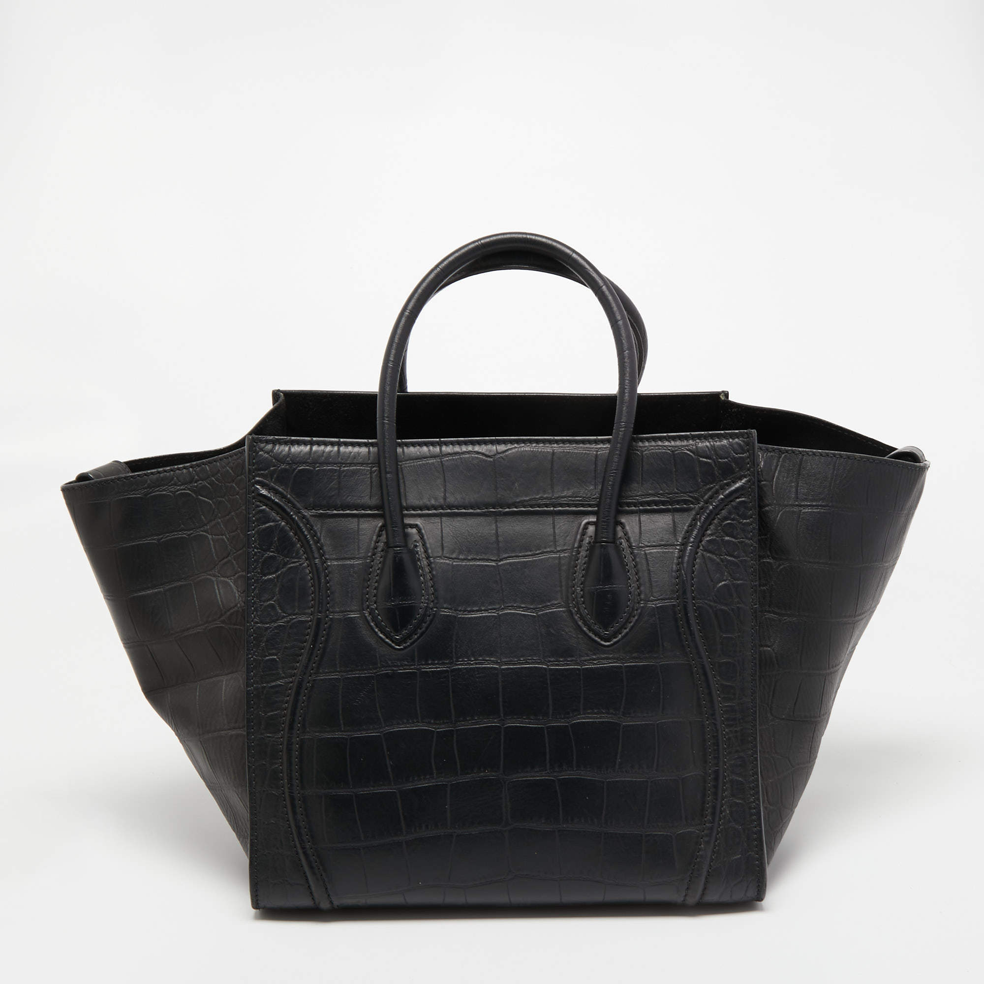 Celine Black Croc Embossed Leather Medium Phantom Luggage Tote Bag