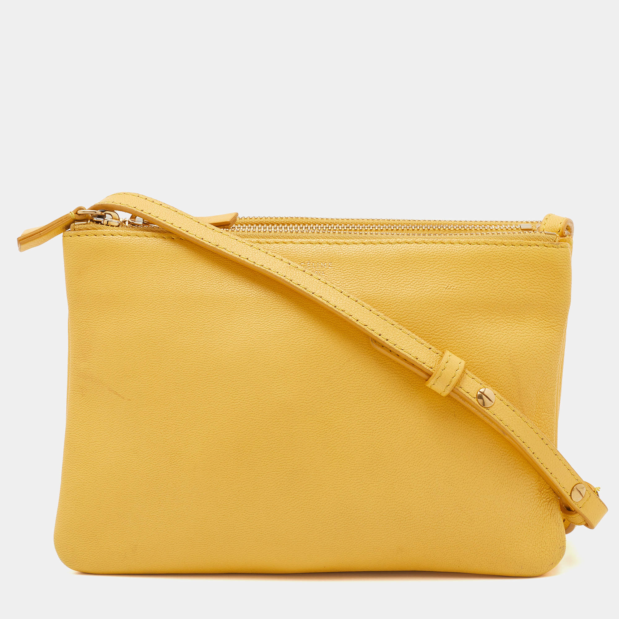 Pre Owned Celine Yellow Leather Trio Crossbody Bag