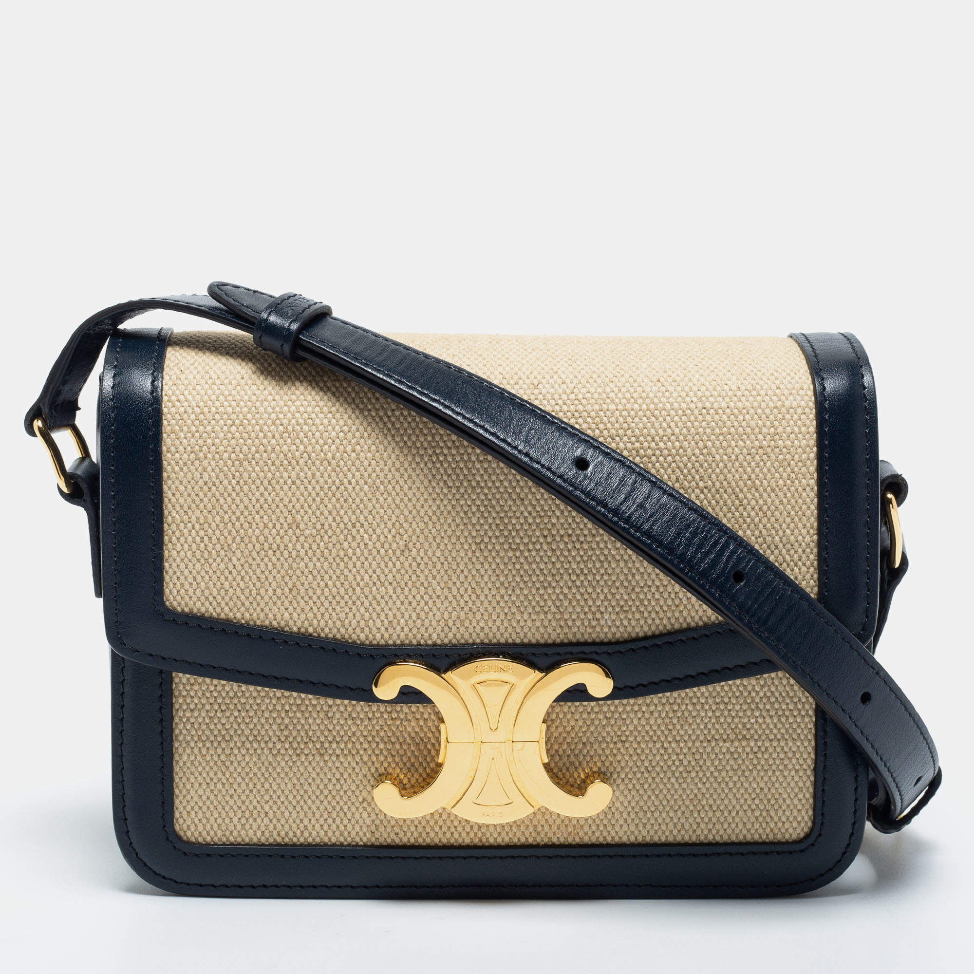 Pre Owned Celine Beige Canvas and Leather Teen Triomphe Shoulder Bag