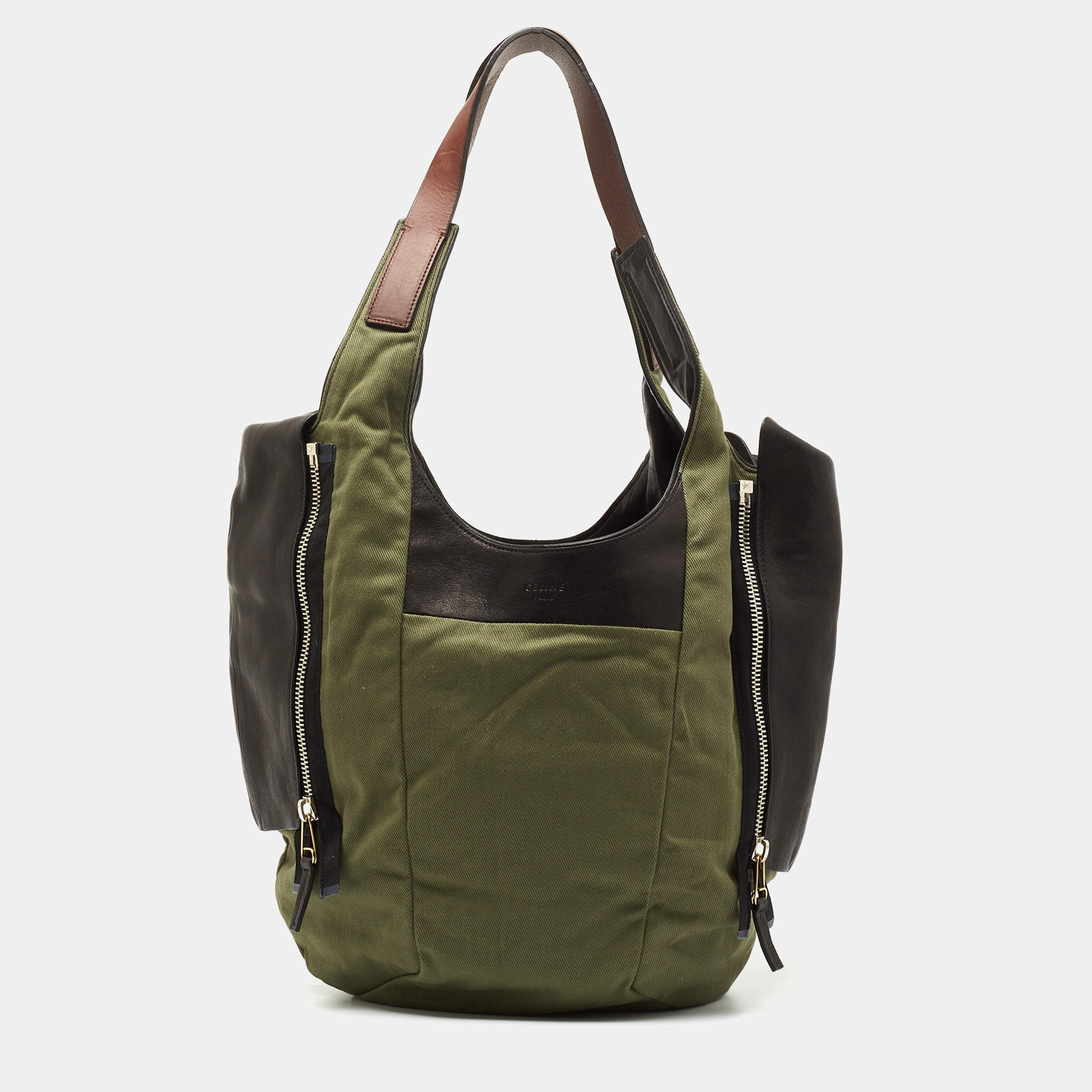 Pre Owned Celine Green/Black Canvas and Leather Shoulder Bag