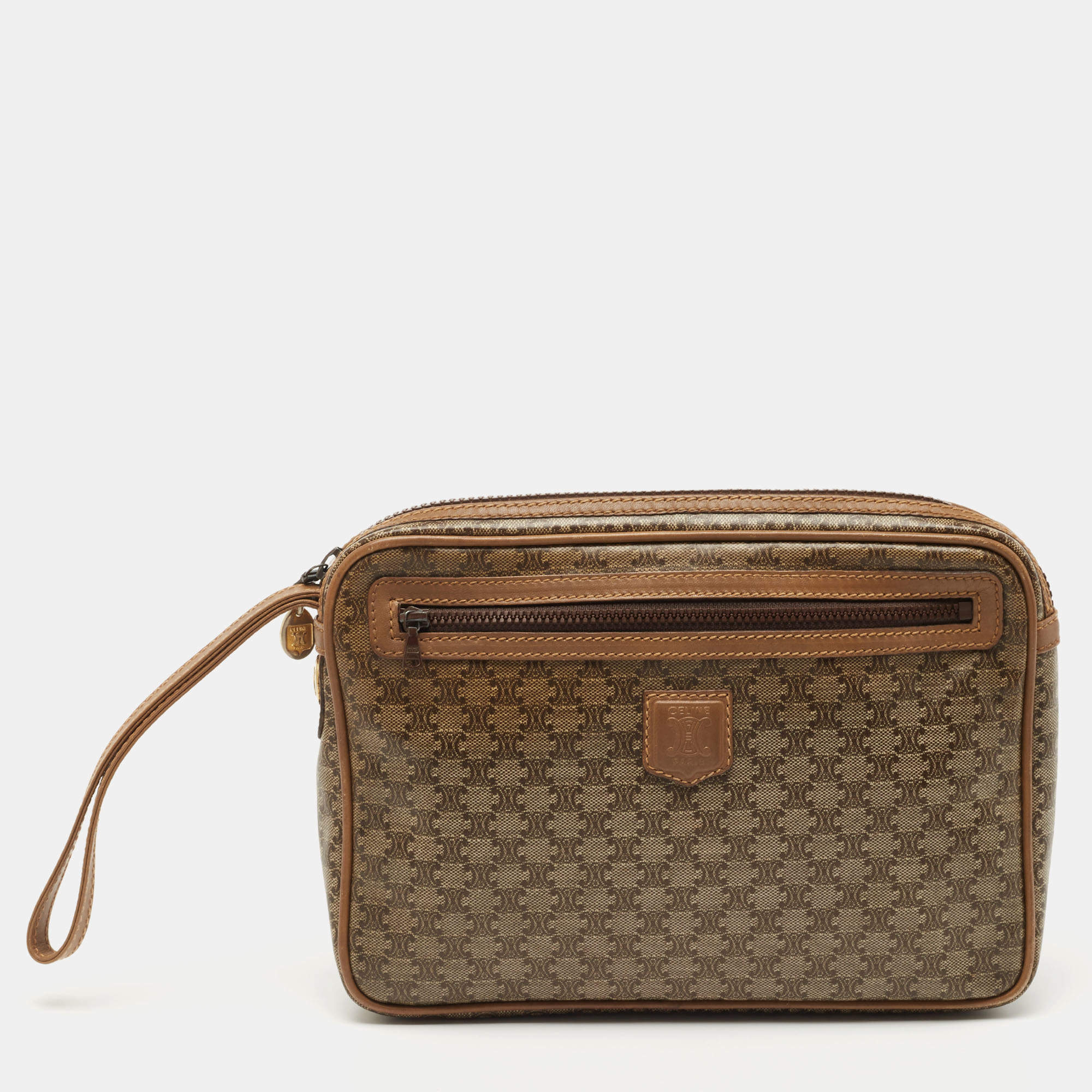 Celine Brown Macadam Coated Canvas and Leather Wristlet Pouch