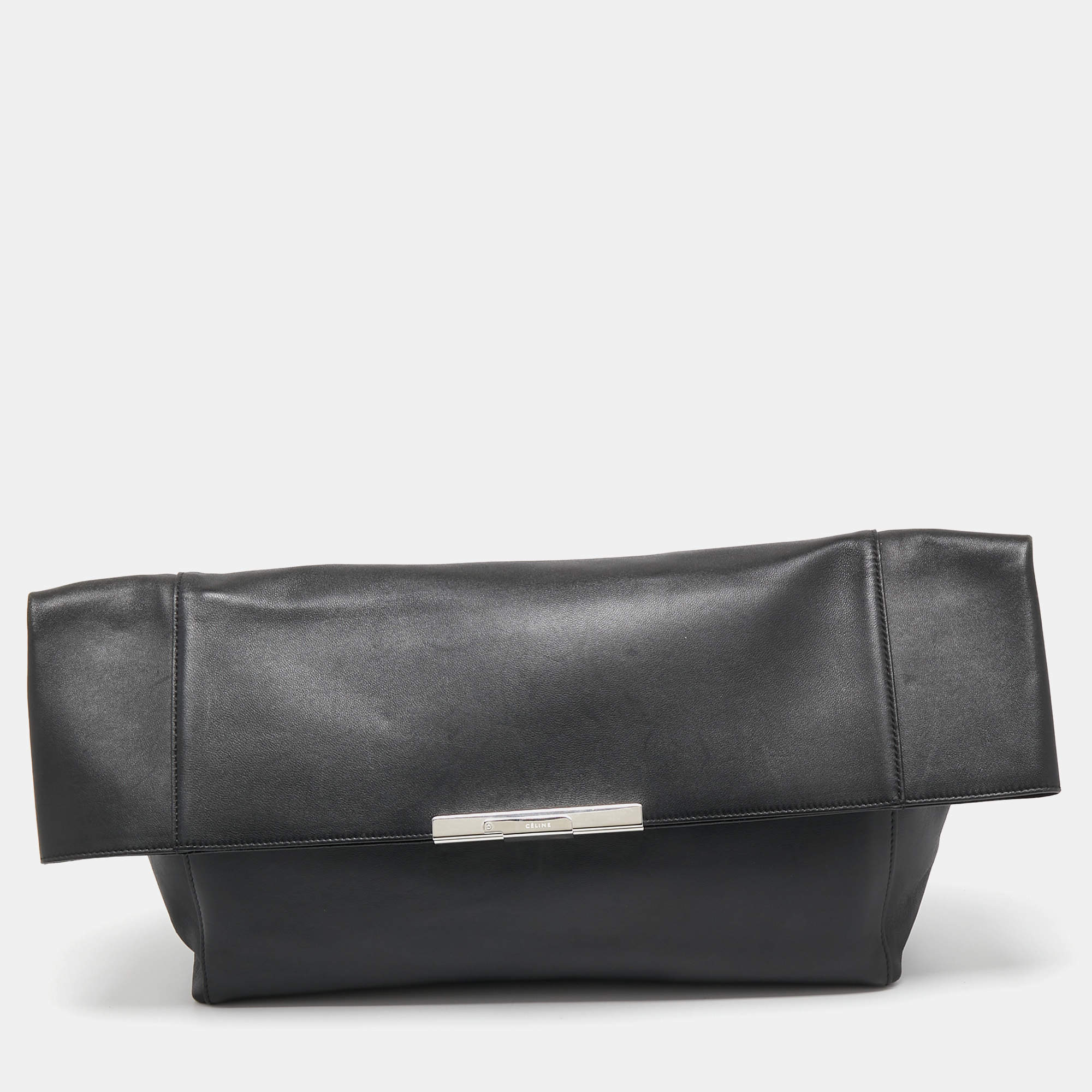 Celine Black Leather Cabas Fold Over Clutch 