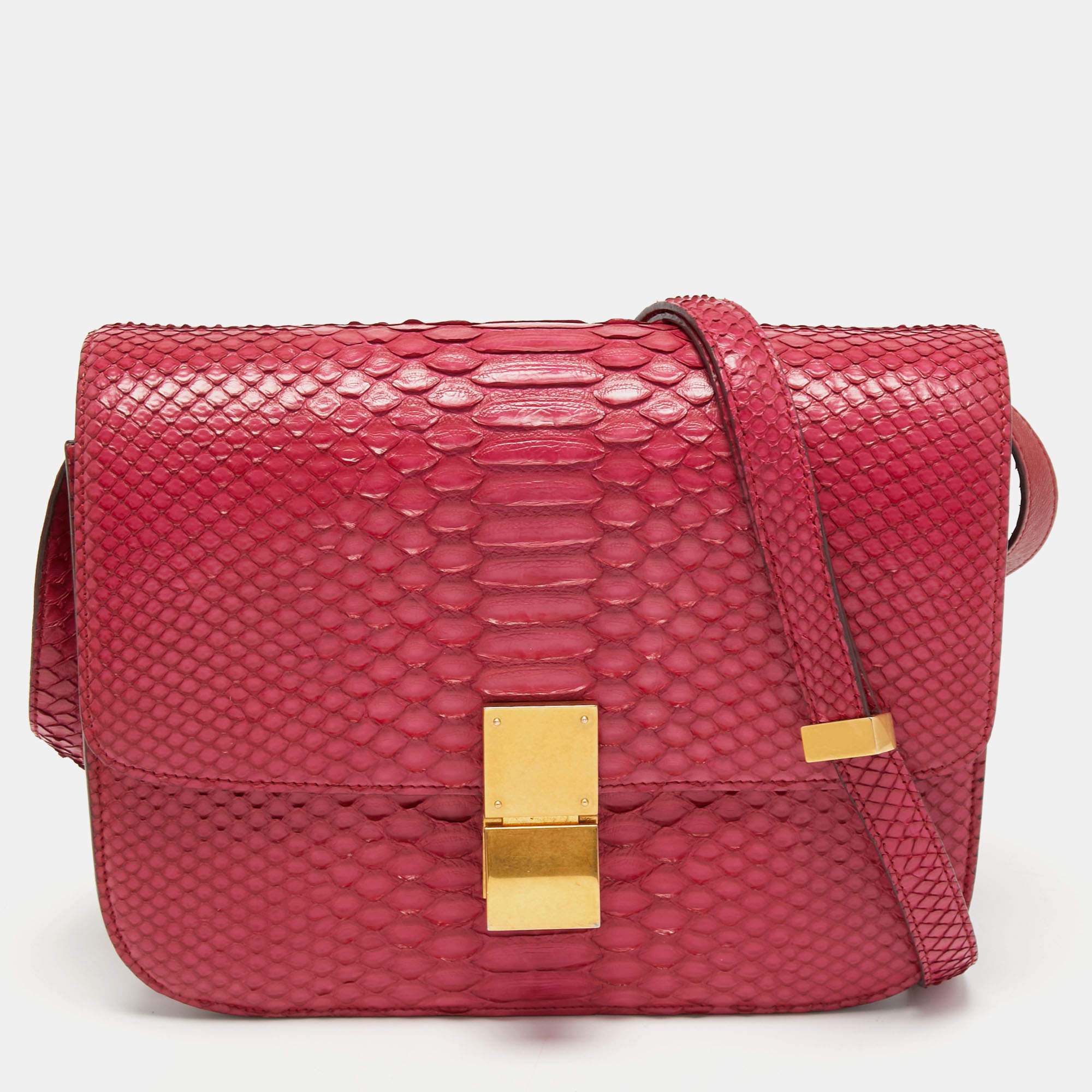 Pre Owned Celine Fuchsia Python Medium Classic Box Shoulder Bag