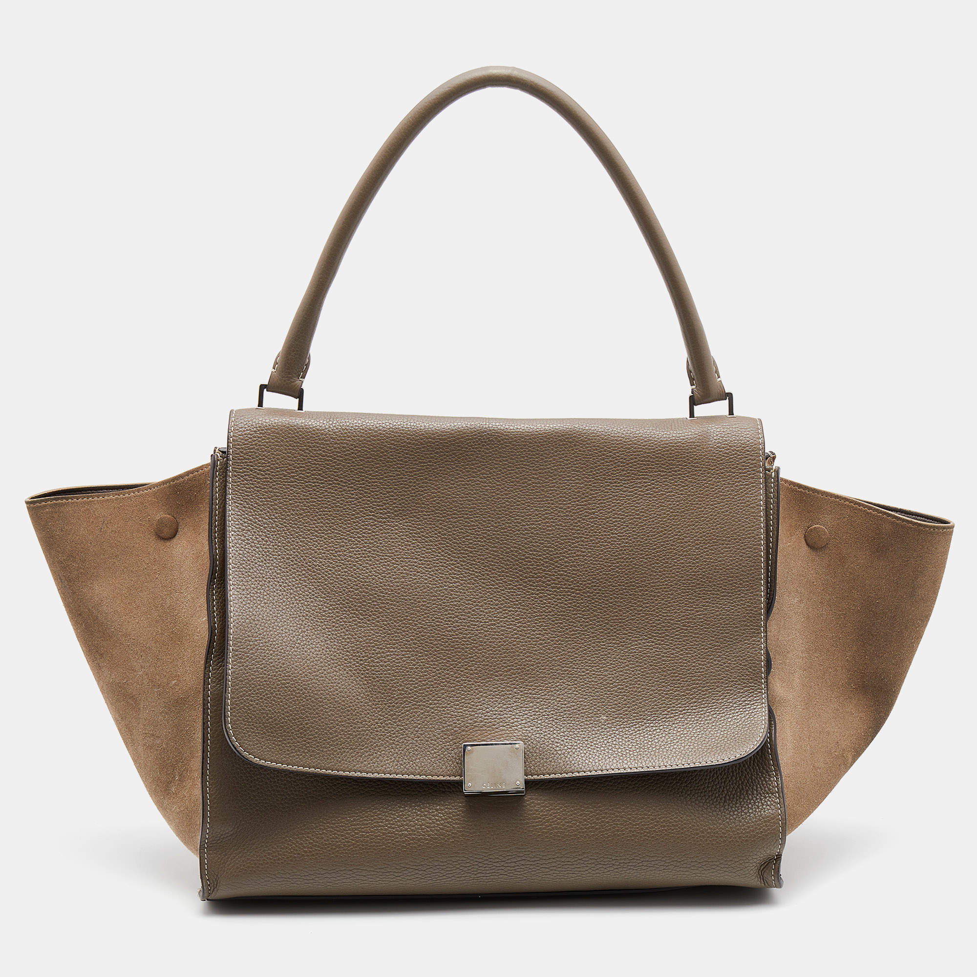 Pre Owned Celine Grey Leather and Suede Large Trapeze Top Handle Bag