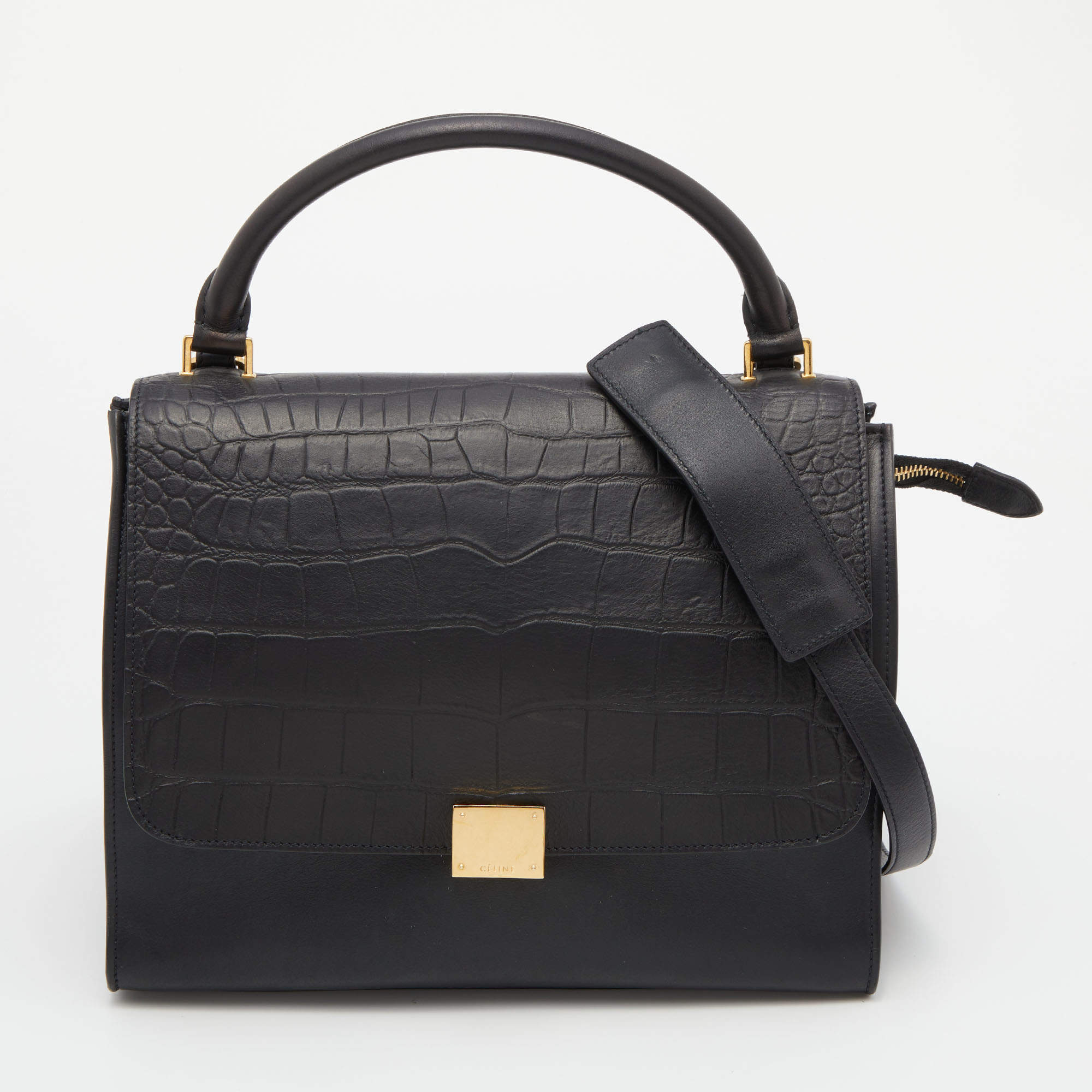 Pre Owned Celine Black Croc Embossed Leather and Suede Medium Trapeze Top Handle Bag