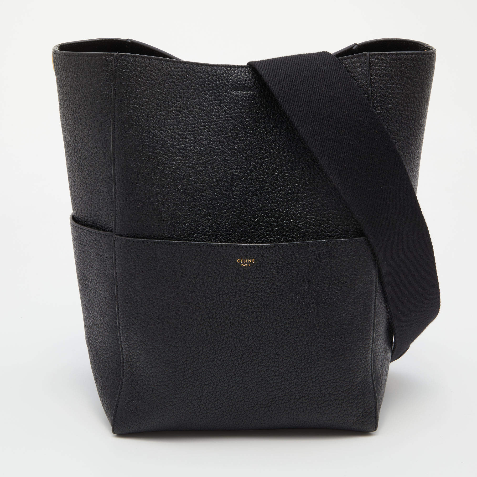 Celine Black Grained Leather Seau Sangle Bucket Bag