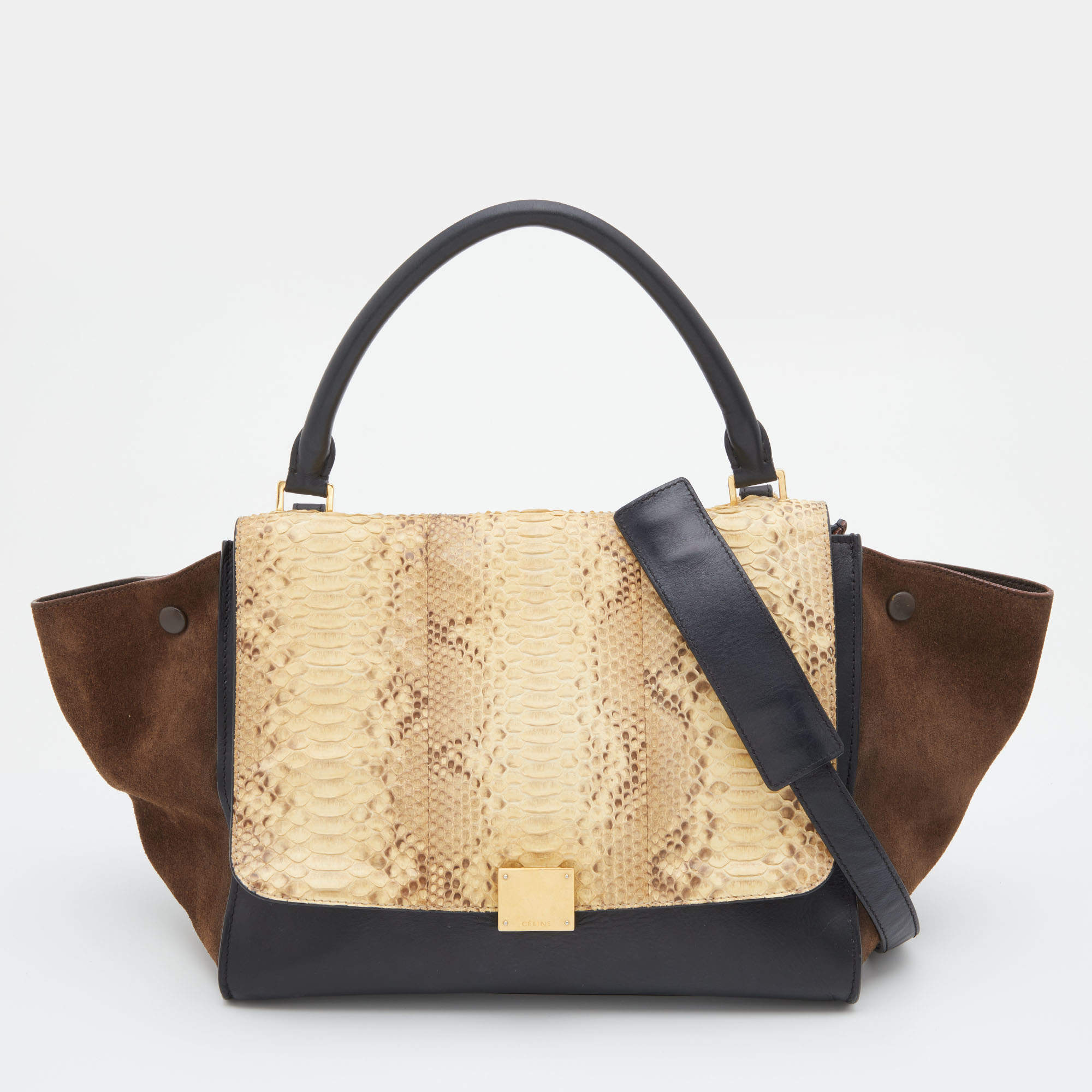 Pre Owned Celine Multicolor Python, Leather & Suede Medium Trapeze Top Handle Bag