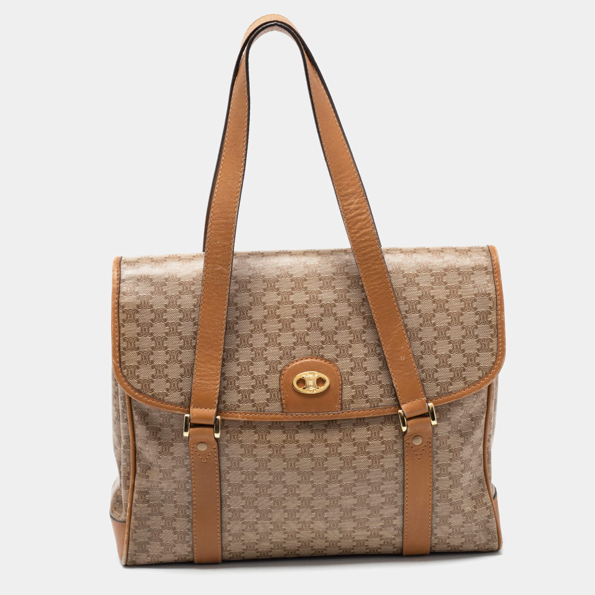 Pre Owned Celine Tan/Beige Macadam Coated Canvas and Leather Satchel