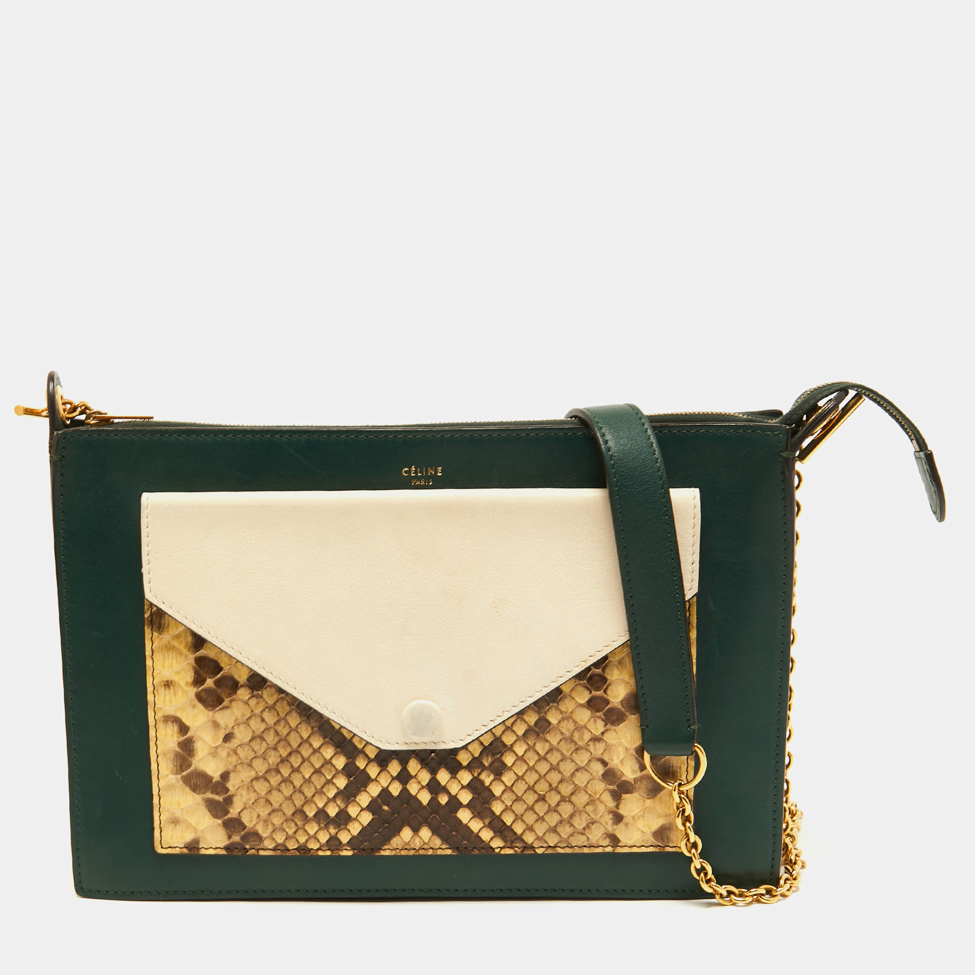 Celine Tri Color Leather and Python Medium Pocket Chain Clutch