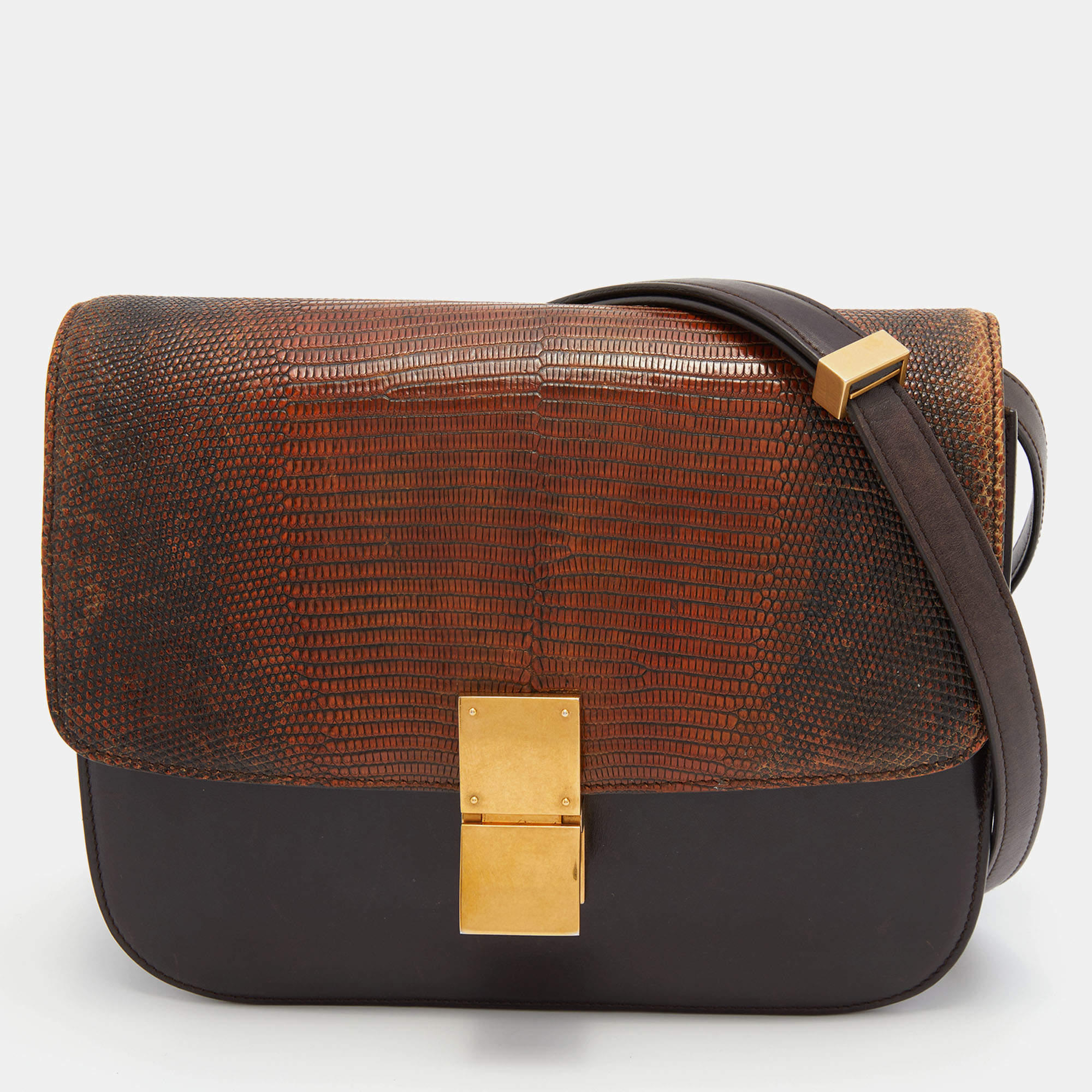 Celine Dark Brown Lizard and Leather Medium Classic Box Bag