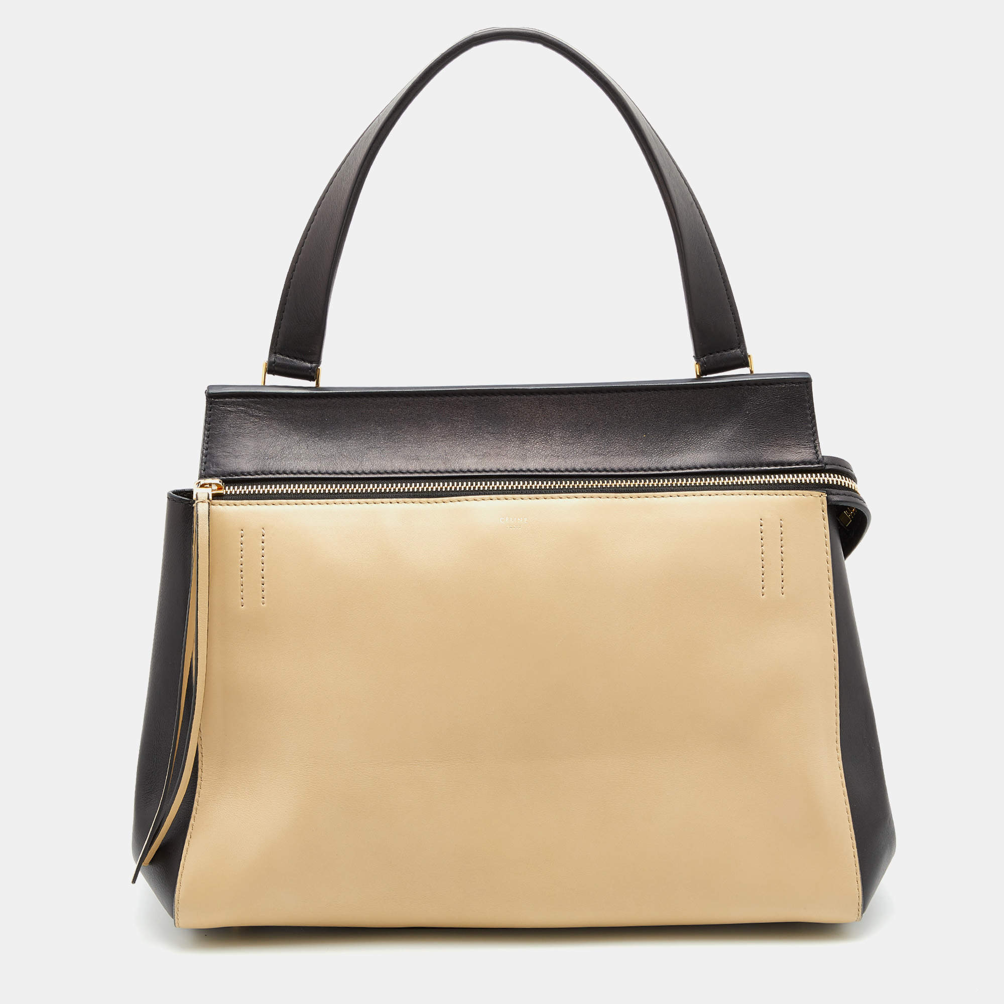 Pre Owned Celine Black/Beige Leather Medium Edge Top Handle Bag