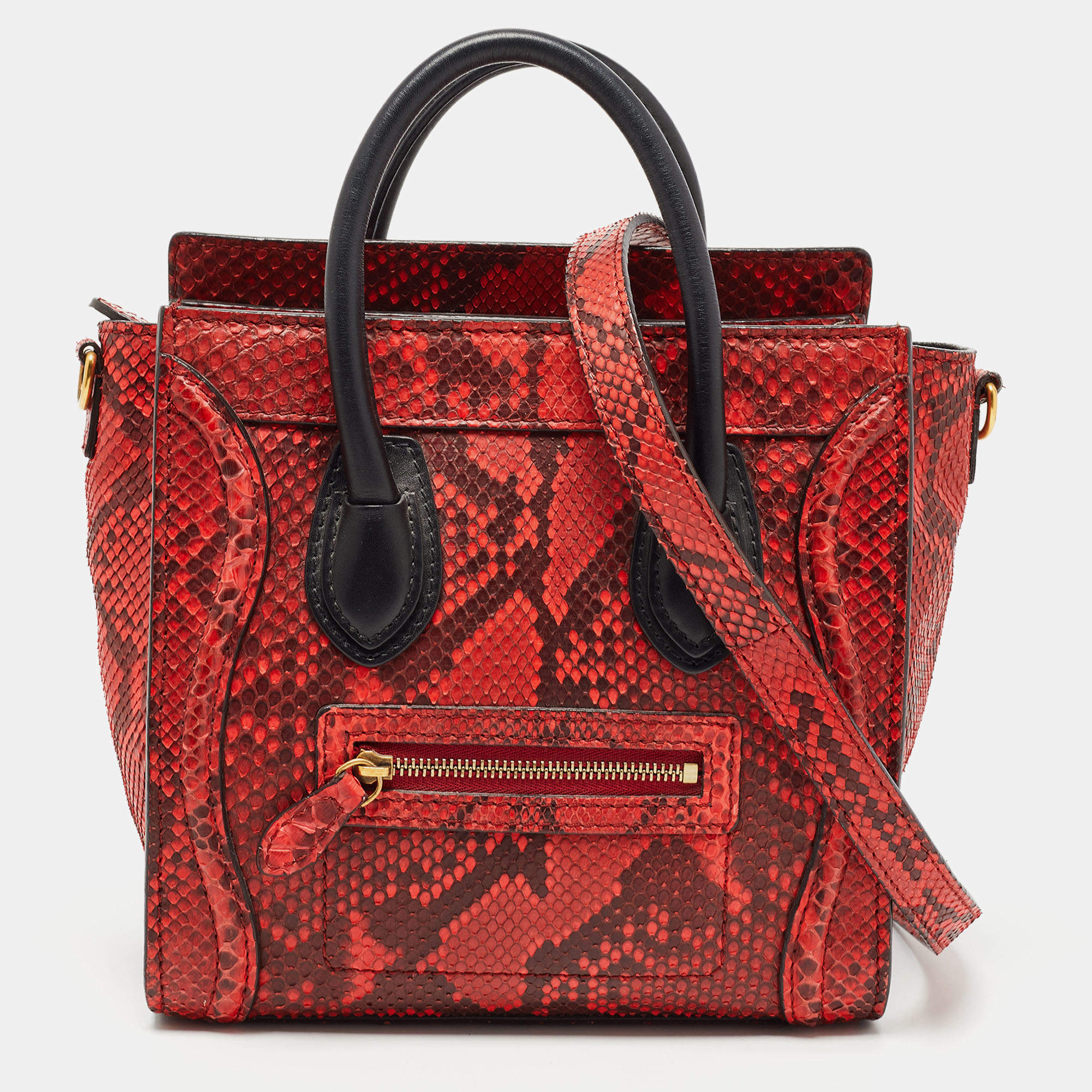 Pre Owned Celine Red/Black Python and Leather Nano  Luggage Tote