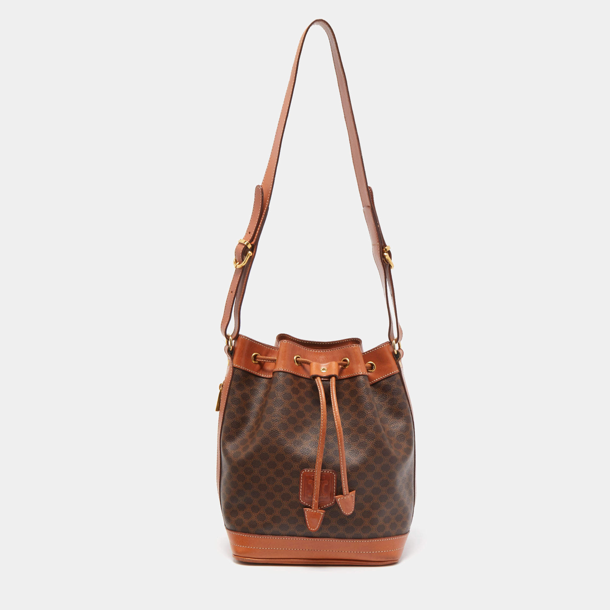 Pre Owned Celine Brown Macadam PVC Vintage Drawstring Bucket Bag