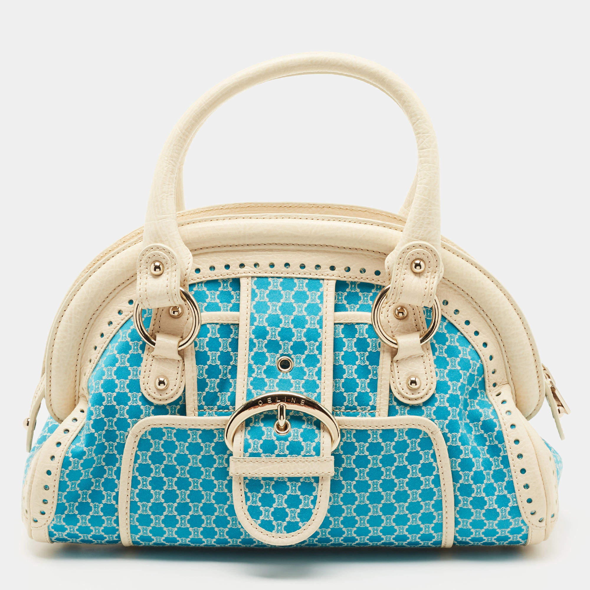 Pre Owned Celine Cream/Blue Macadam Canvas and Leather Dome Satchel