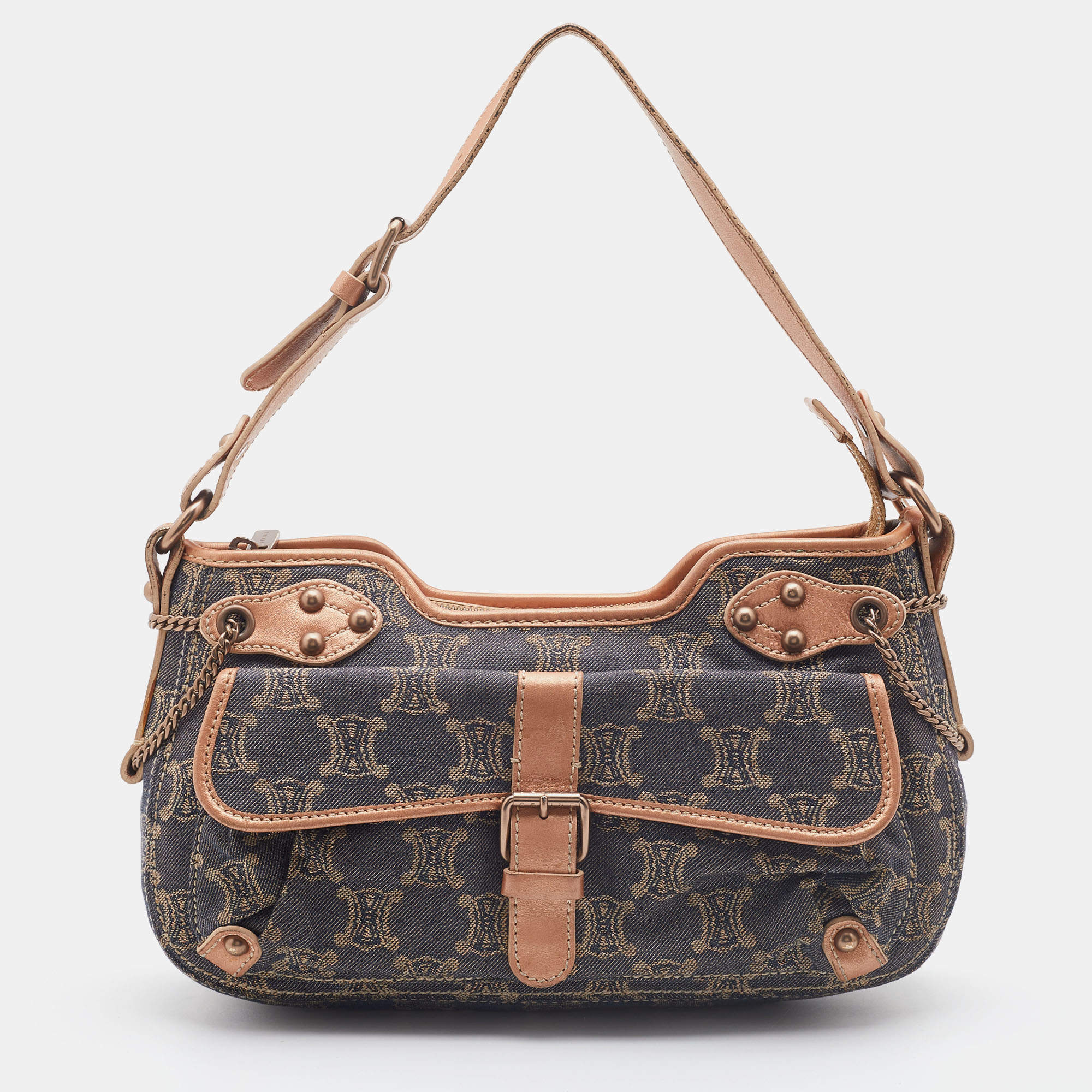 Celine Rose Gold/Blue Macadam Denim and Leather Buckle Flap Hobo