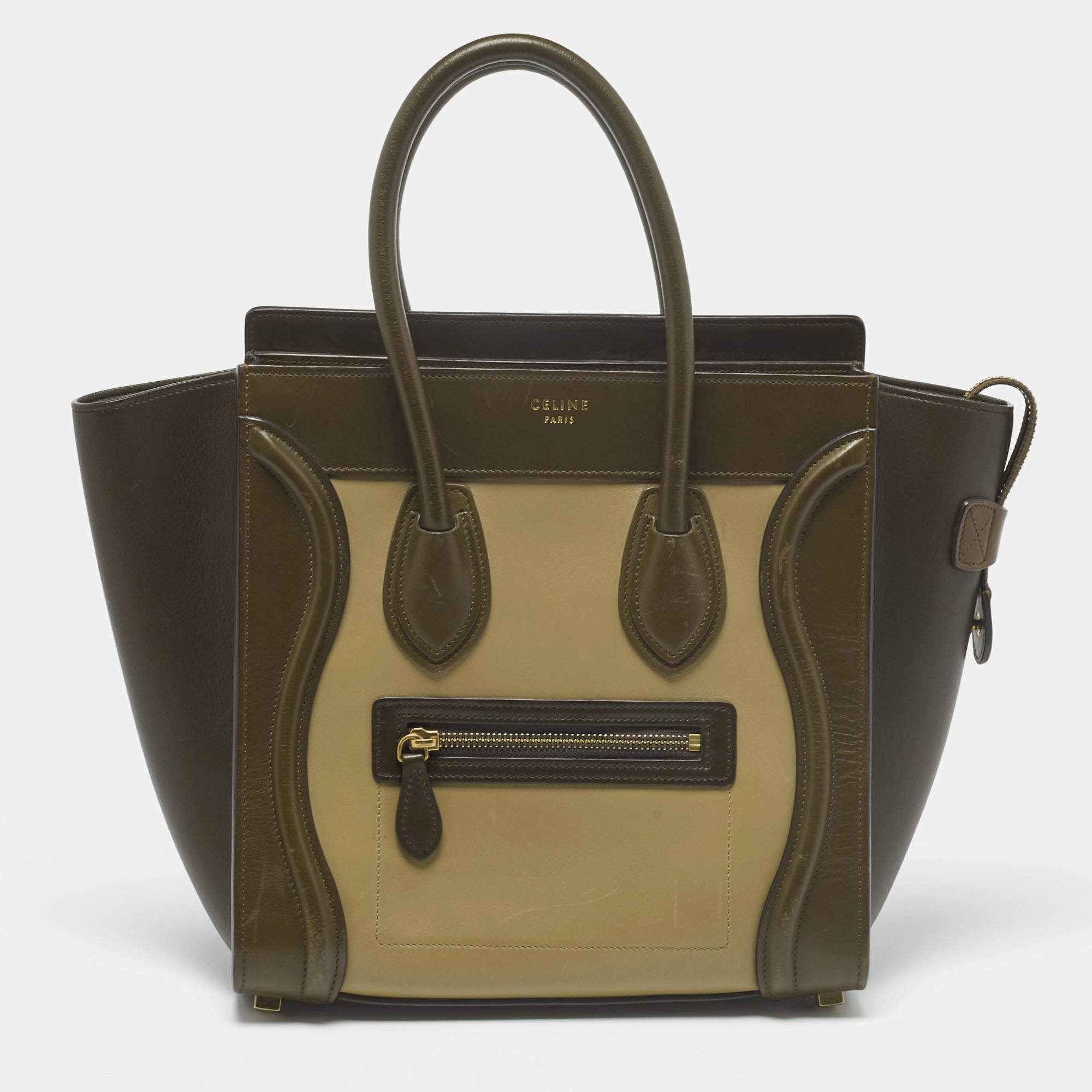 مملوكة مسبقًا Celine Beige/Olive Green Leather Micro Luggage Tote
