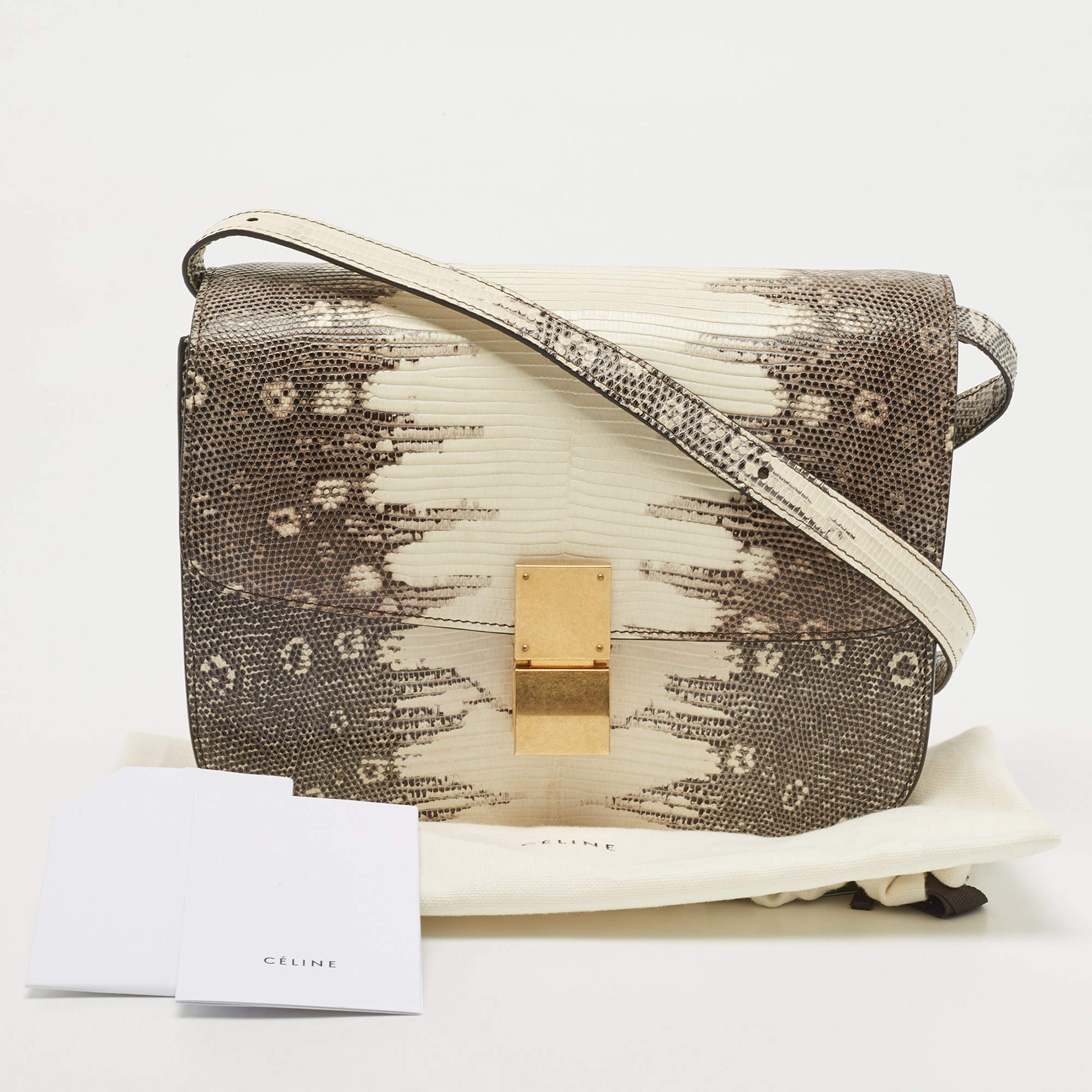 Celine Classic Box Medium Lizard Leather Shoulder Bag Beige