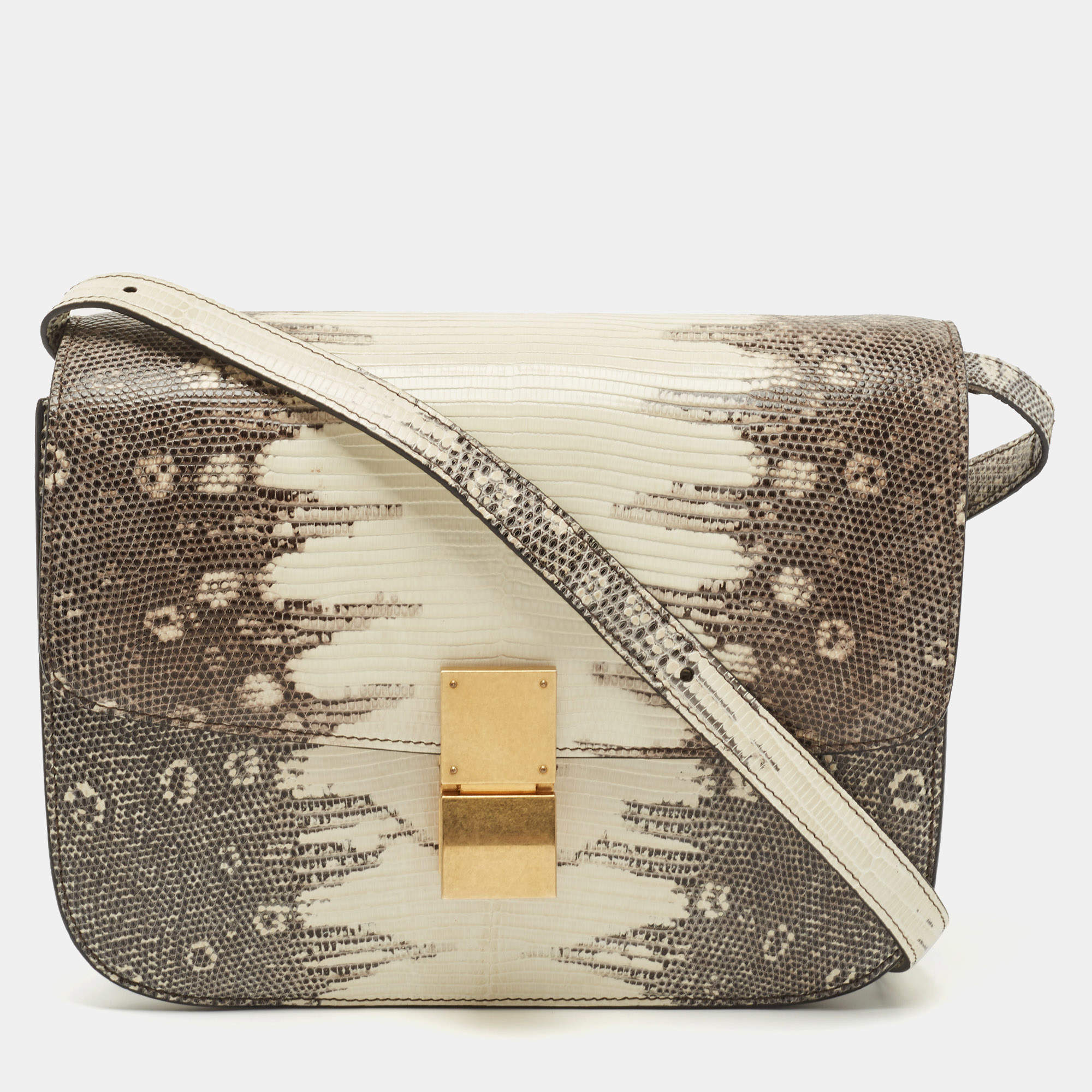 【CELINE】lizard Exotic C bag with Pampille【ランク:Ａ】 Celine Black/Cream Lizard Medium Classic Box Shoulder Bag