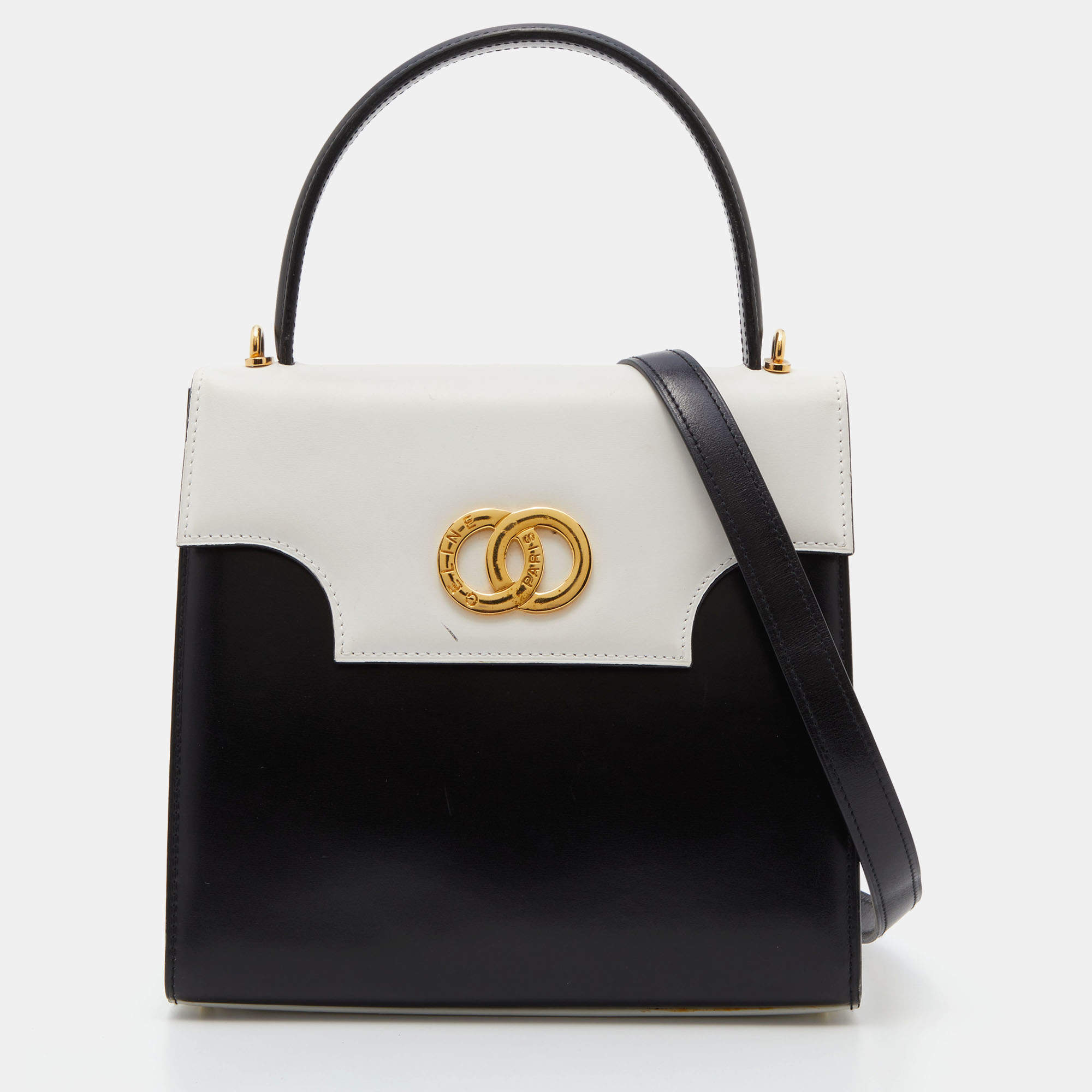 مملوكة مسبقًا Celine Black/White Leather Vintage Box Top Handle Bag