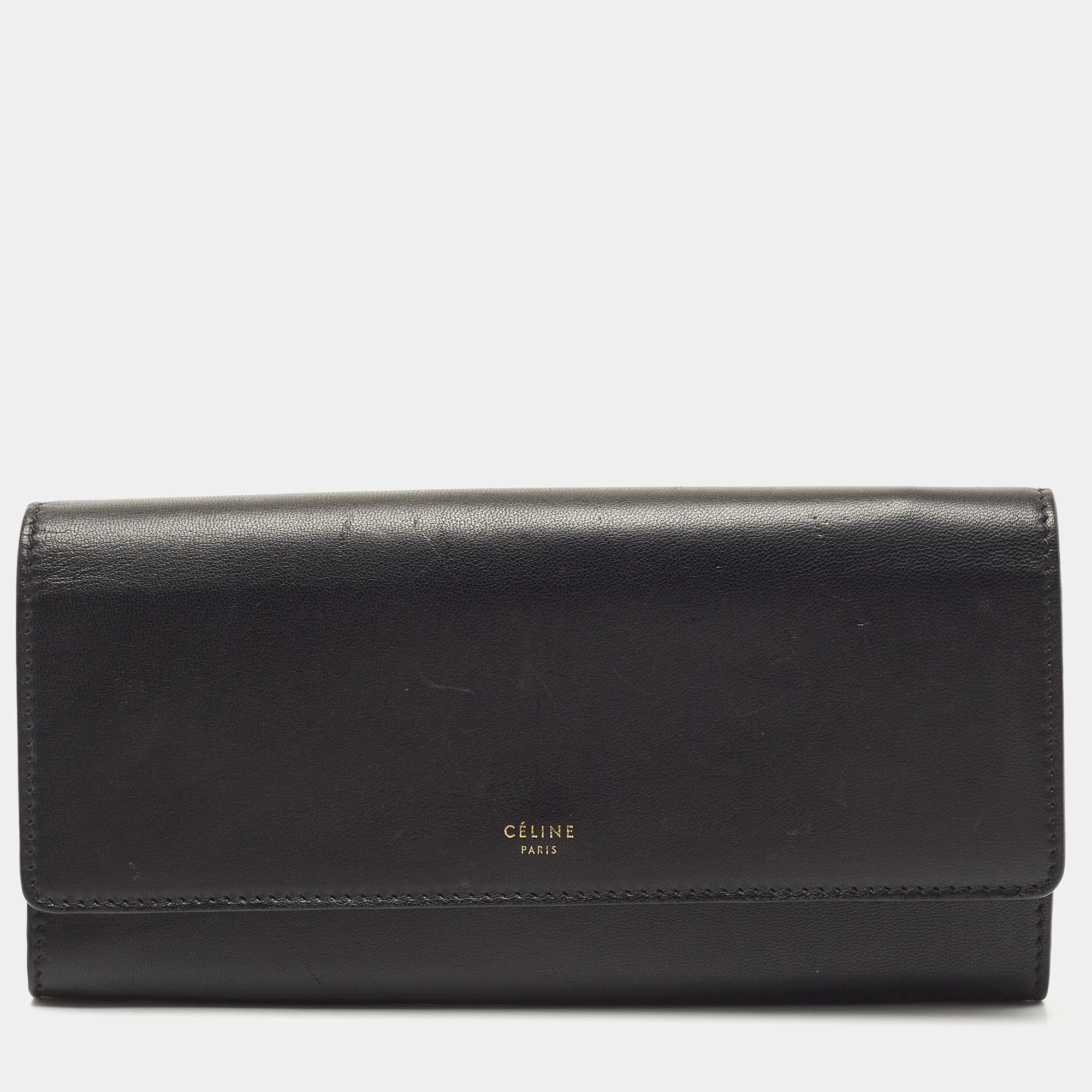 Celine Black Leather Logo Flap Continental Wallet Celine