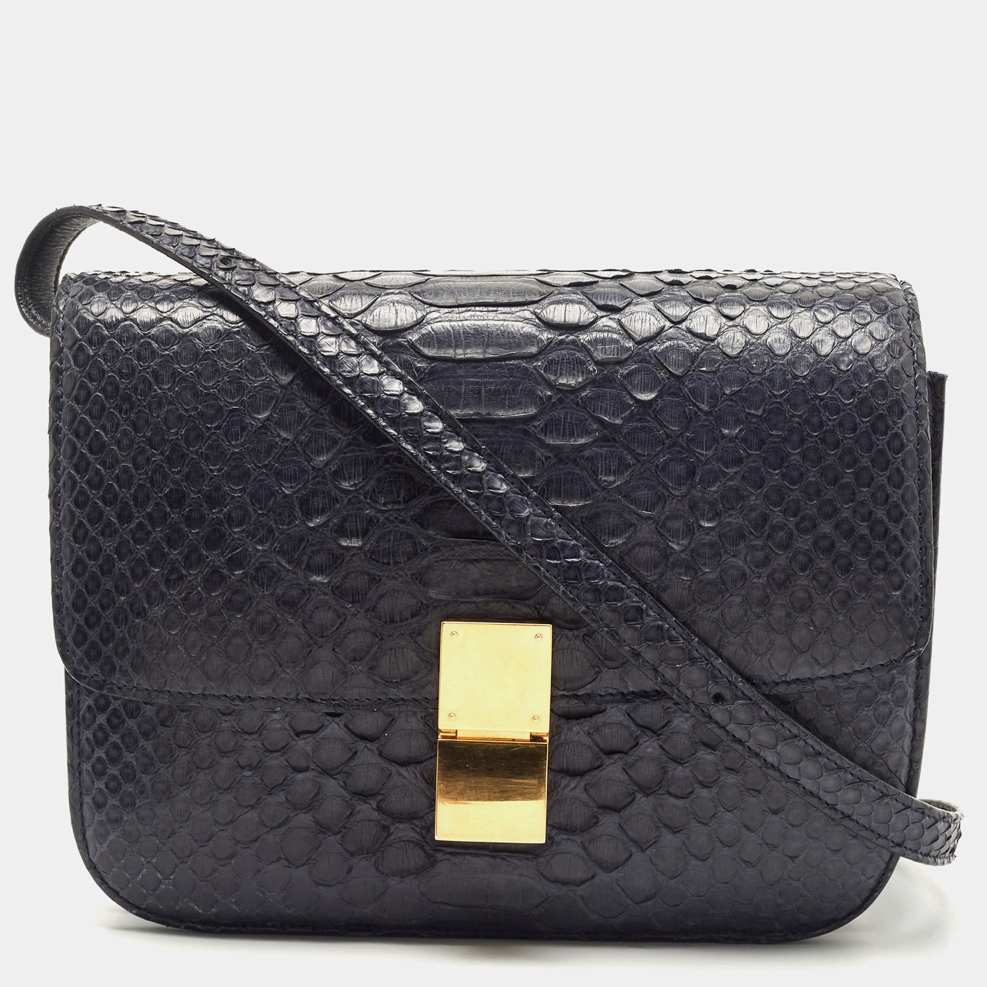 Pre Owned Celine Navy Blue Python Medium Classic Box Shoulder Bag