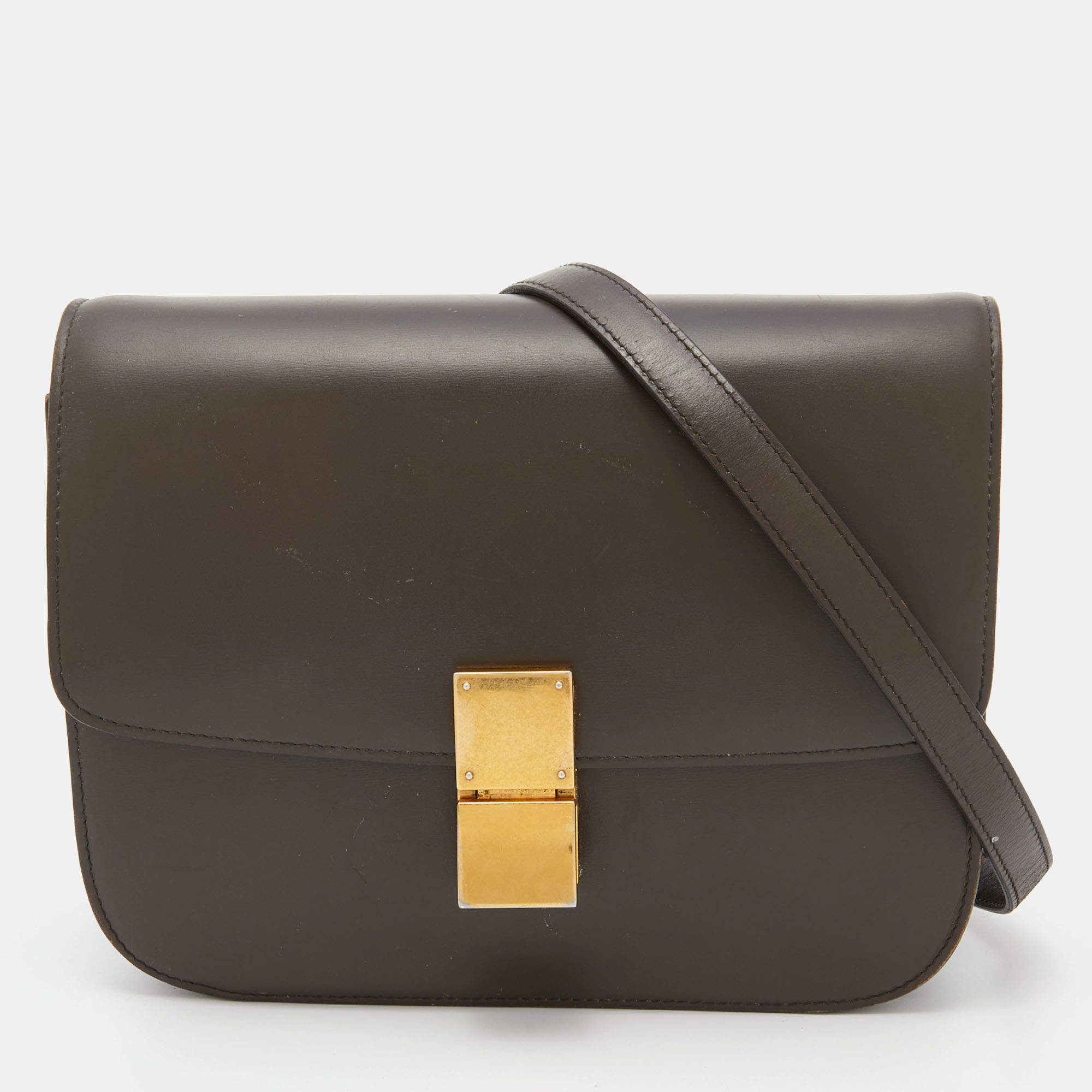 Celine Olive Green Leather Medium Classic Box Shoulder Bag Celine