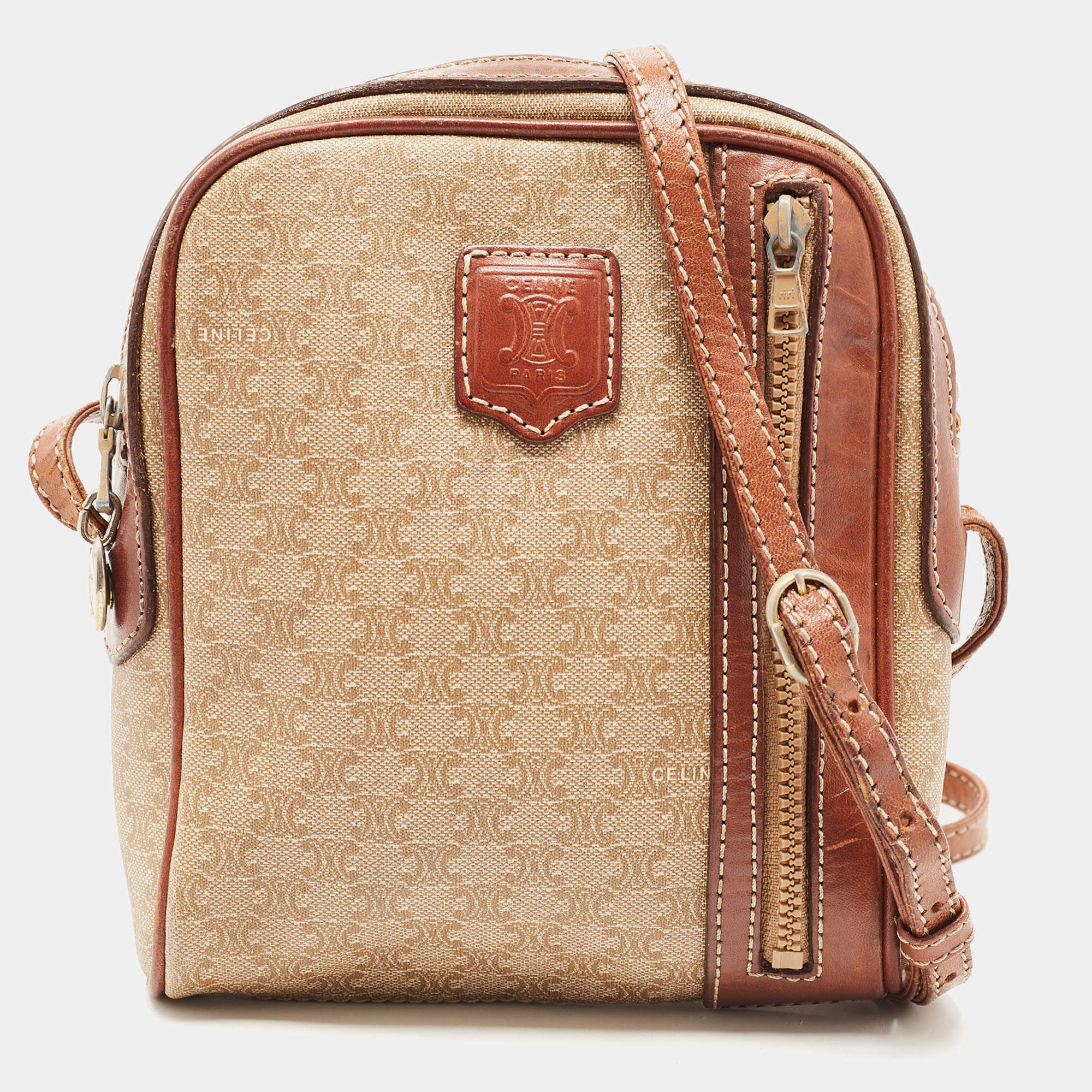 Pre Owned Celine Brown/Beige Macadam Coated Canvas and Leather Crossbody Bag