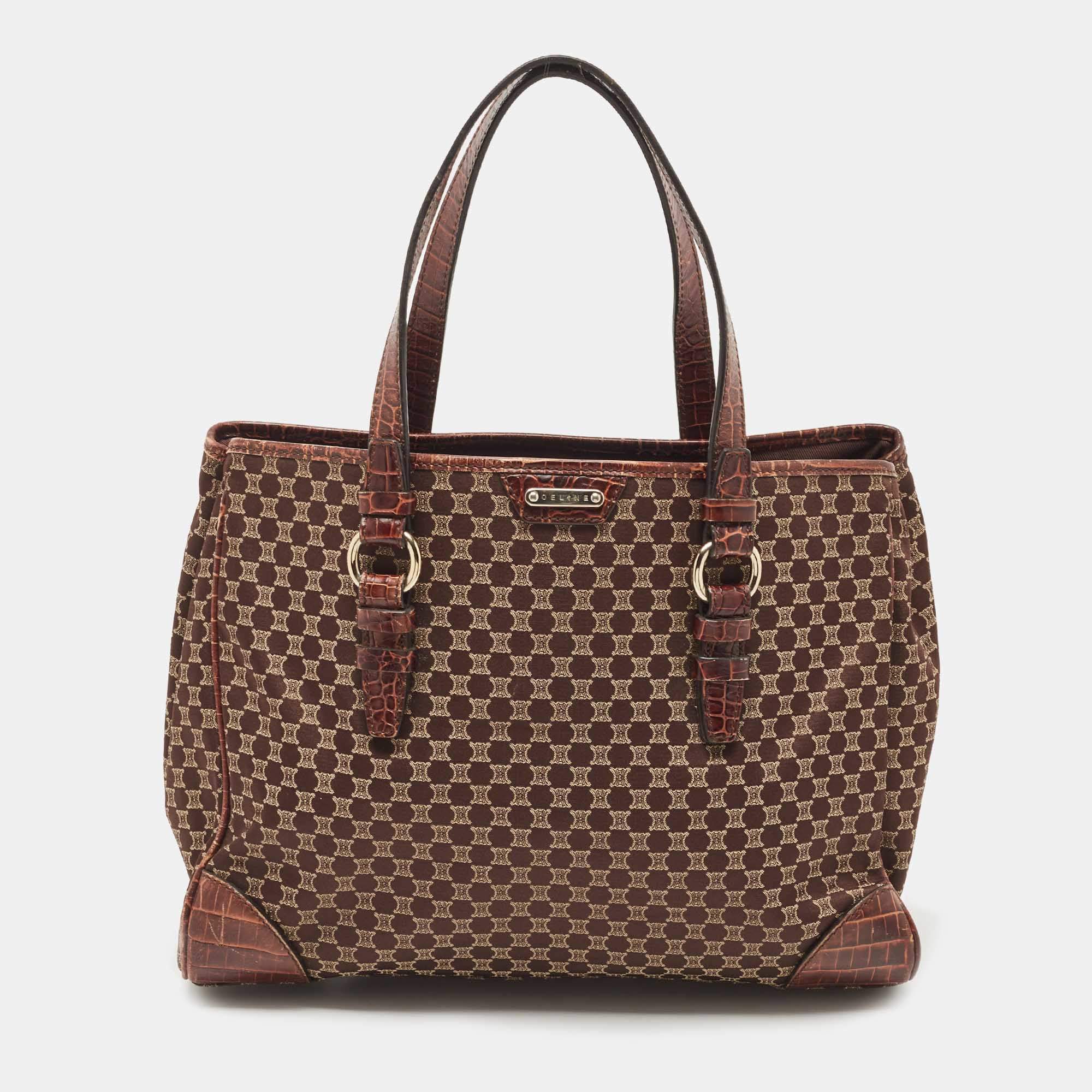 Pre Owned Celine Brown Macadam Fabric and Croc Embossed Leather Tote