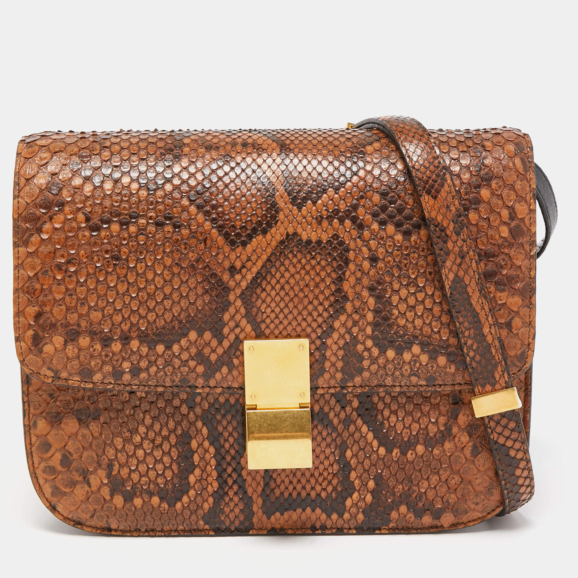 Pre Owned Celine Brown Python Medium Classic Box Shoulder Bag