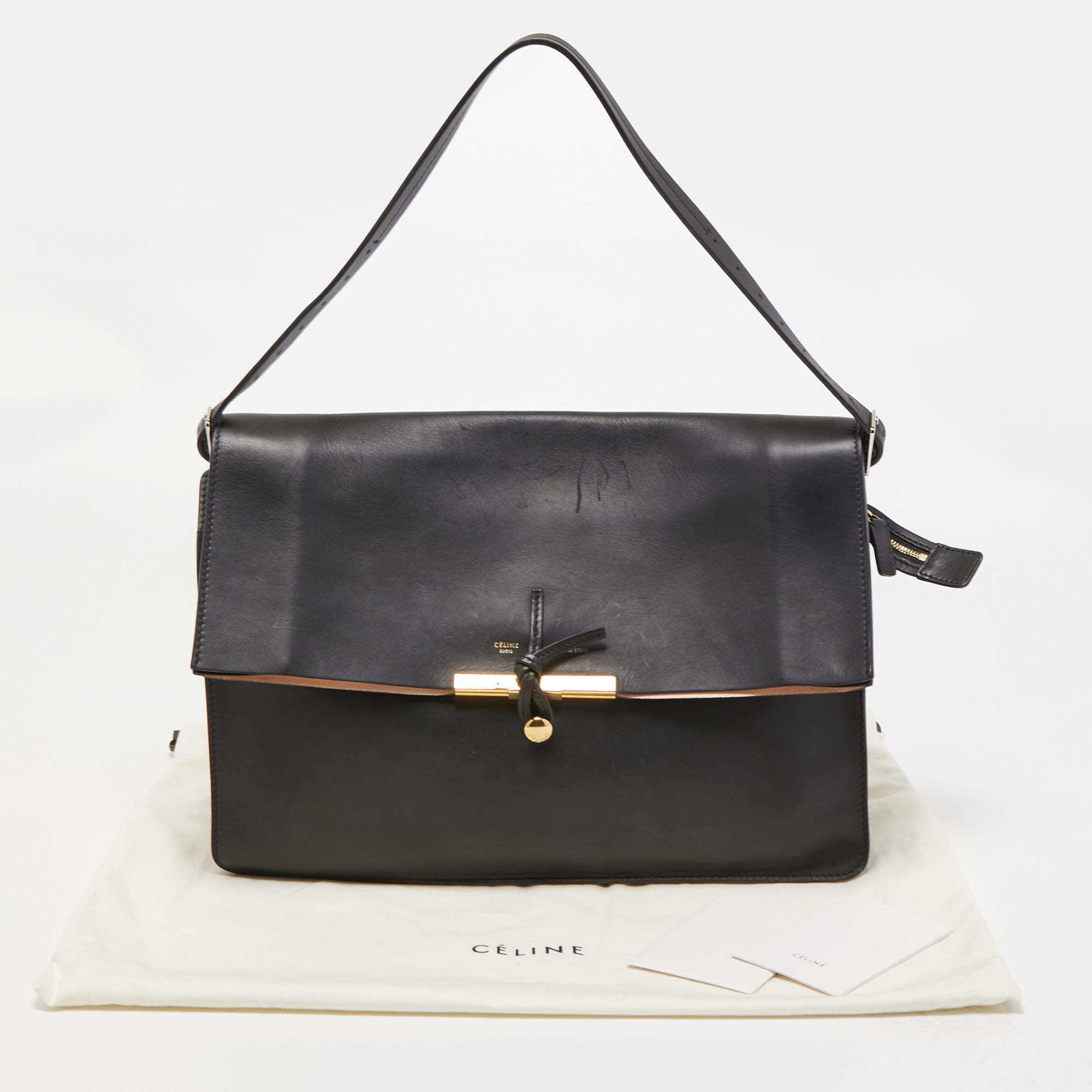 Celine Black Leather Clasp Flap Shoulder Bag