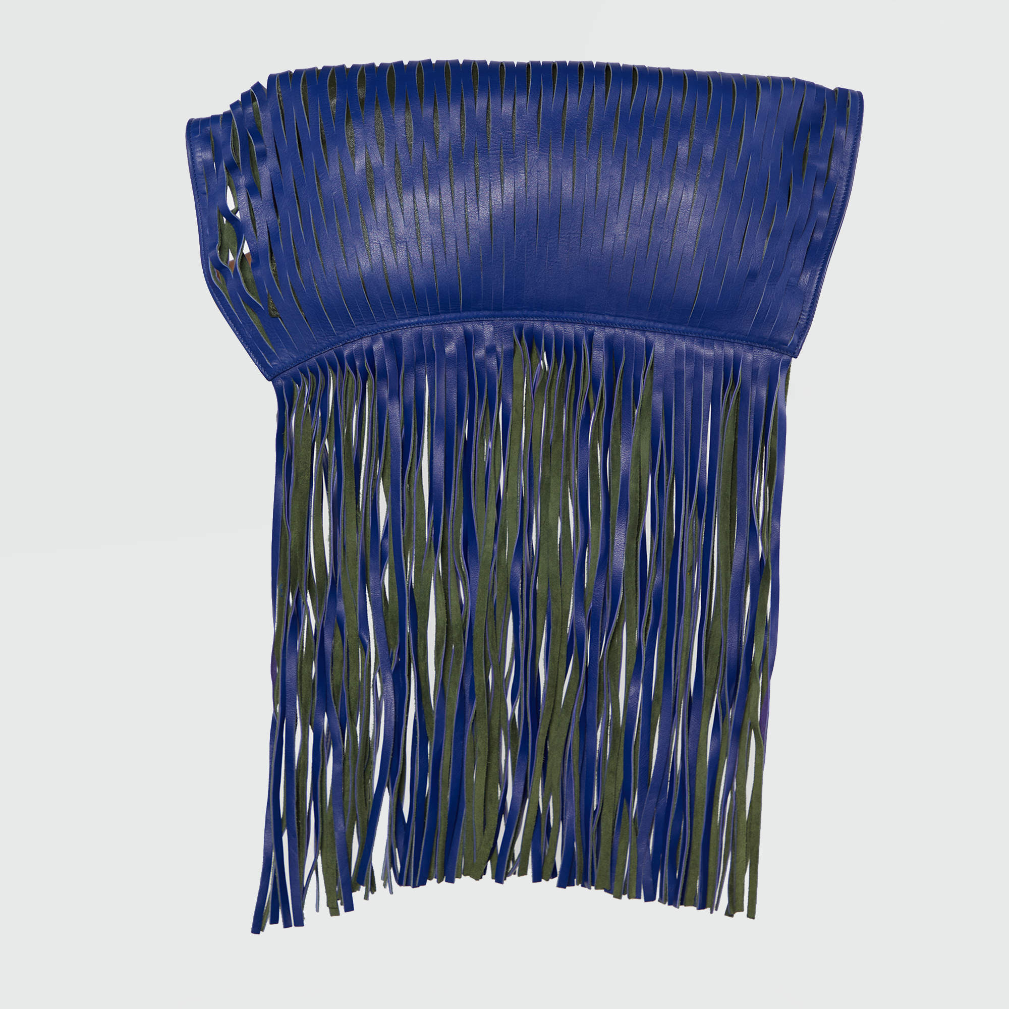 Celine Navy Blue Leather Lasercut Fringe Fold Over Clutch