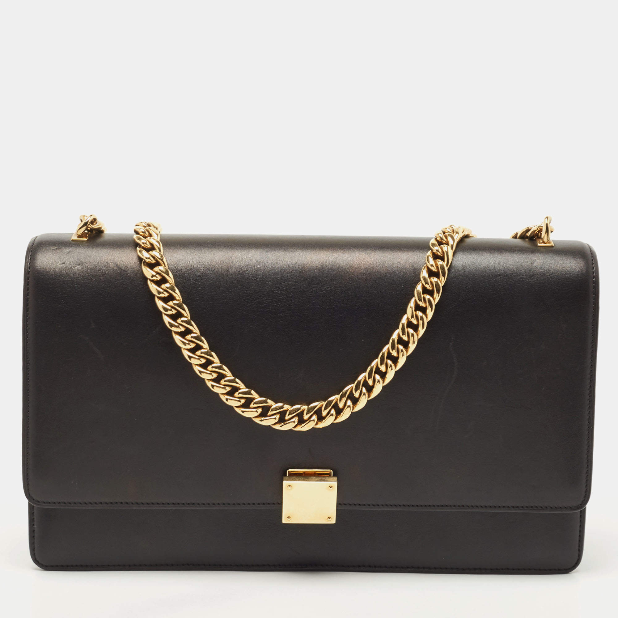 Celine Black Leather Medium Case Chain Flap Shoulder Bag