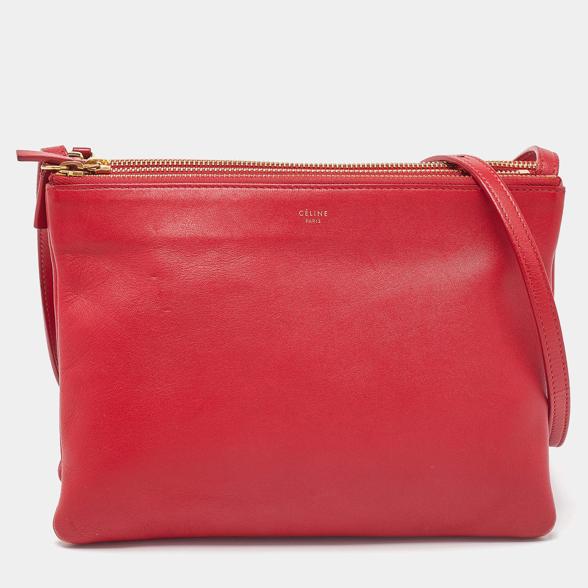 Pre Owned Celine Red Leather Large Trio Zip Crossbody Bag