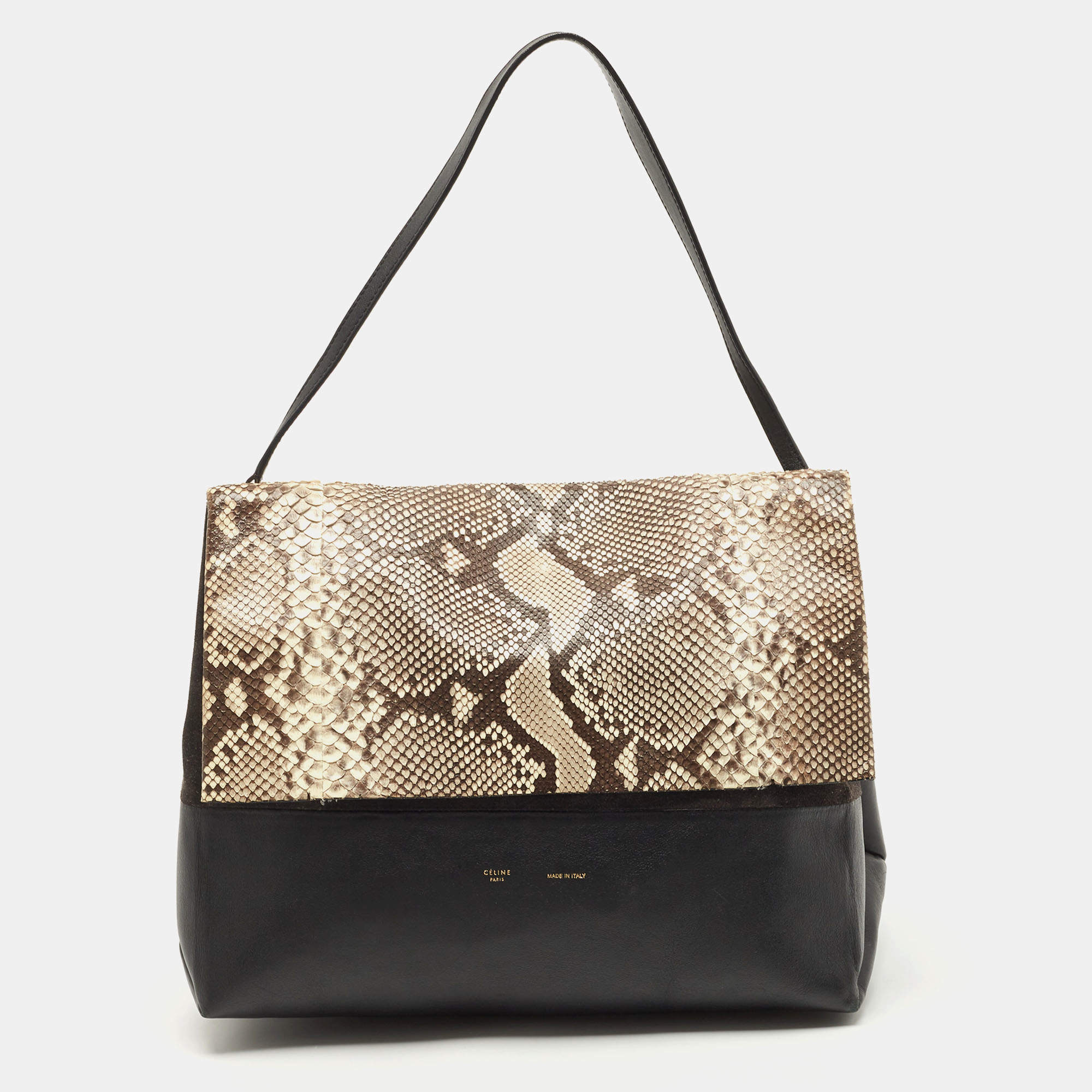 Pre Owned Celine Black/Beige Python, Suede and Leather All Soft Shoulder Bag 