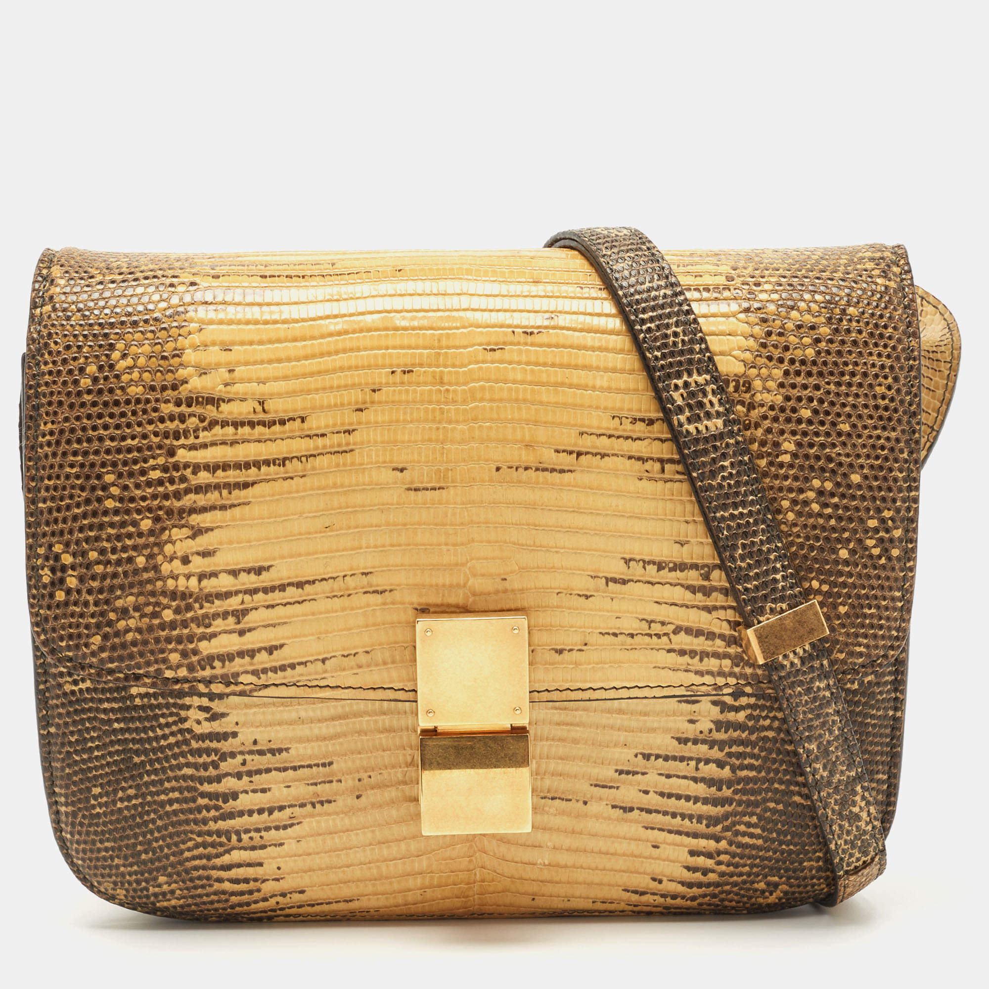 Pre Owned Celine Yellow/Black Lizard and Leather Medium Classic Box Bag